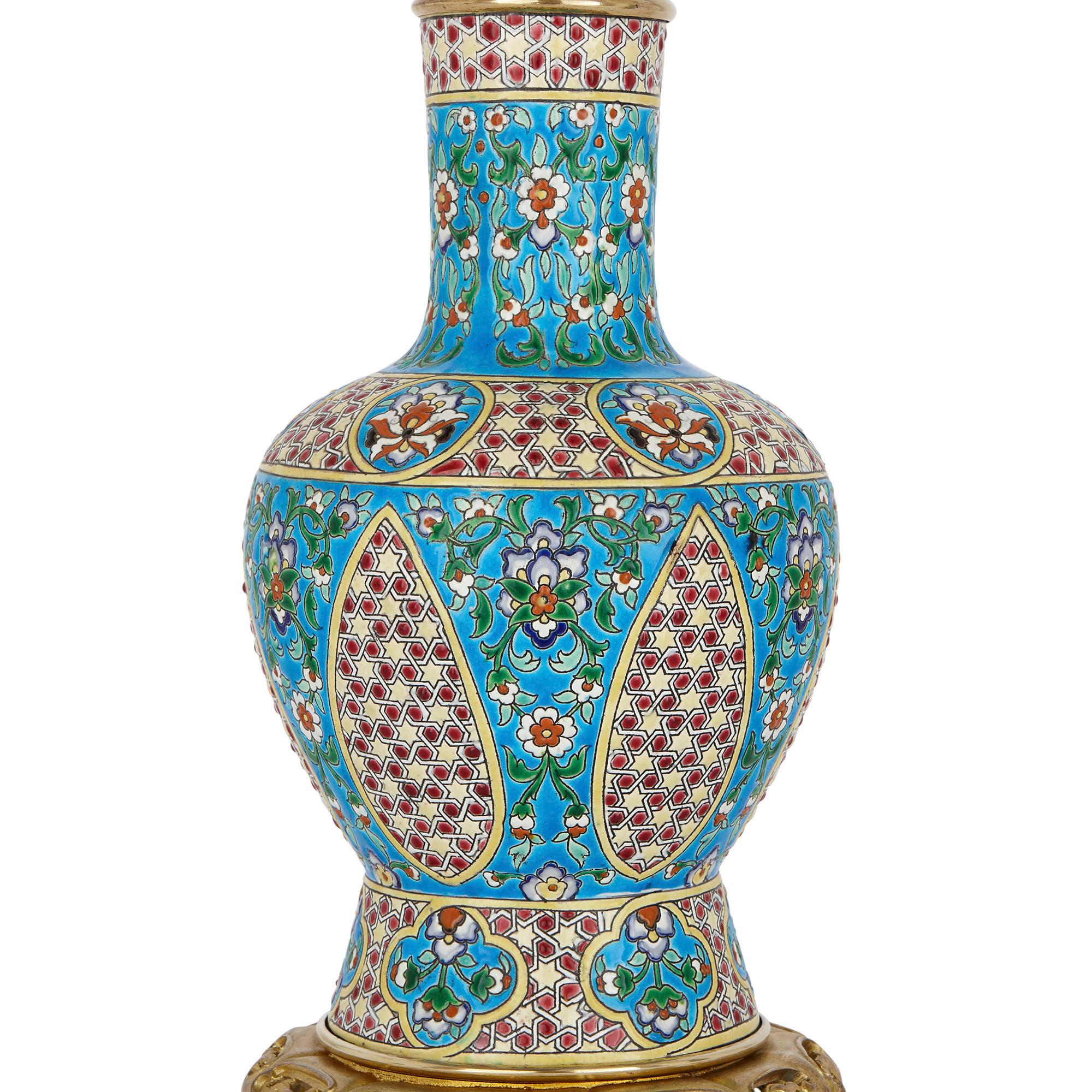 French Two Bordeaux Faience and Gilt Bronze Oil Lamps, Attributed to Vieillard & Cie