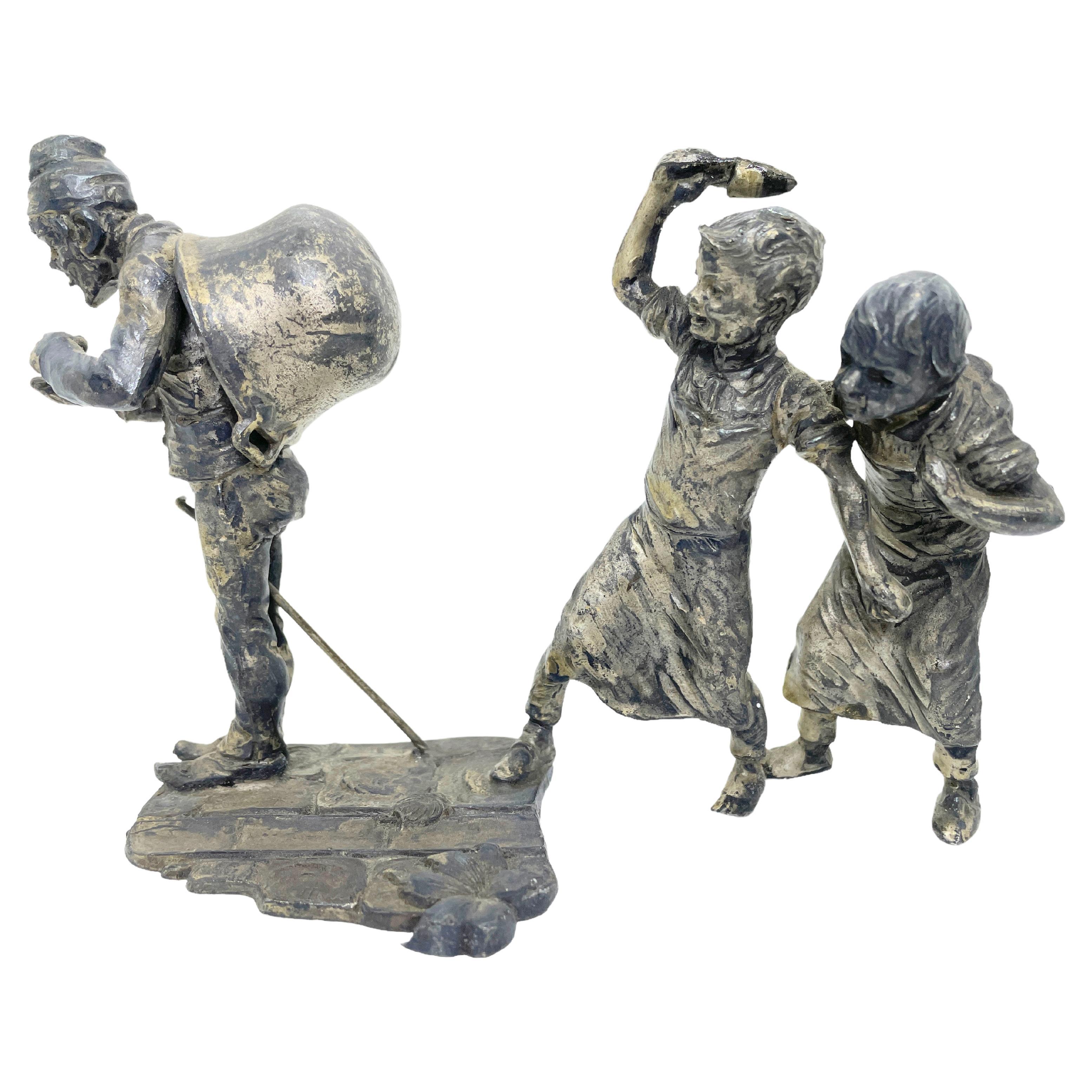 Two Boys & Tinker Tramp Metal Figurine Vienna Bronze Style, Austria 1900s For Sale
