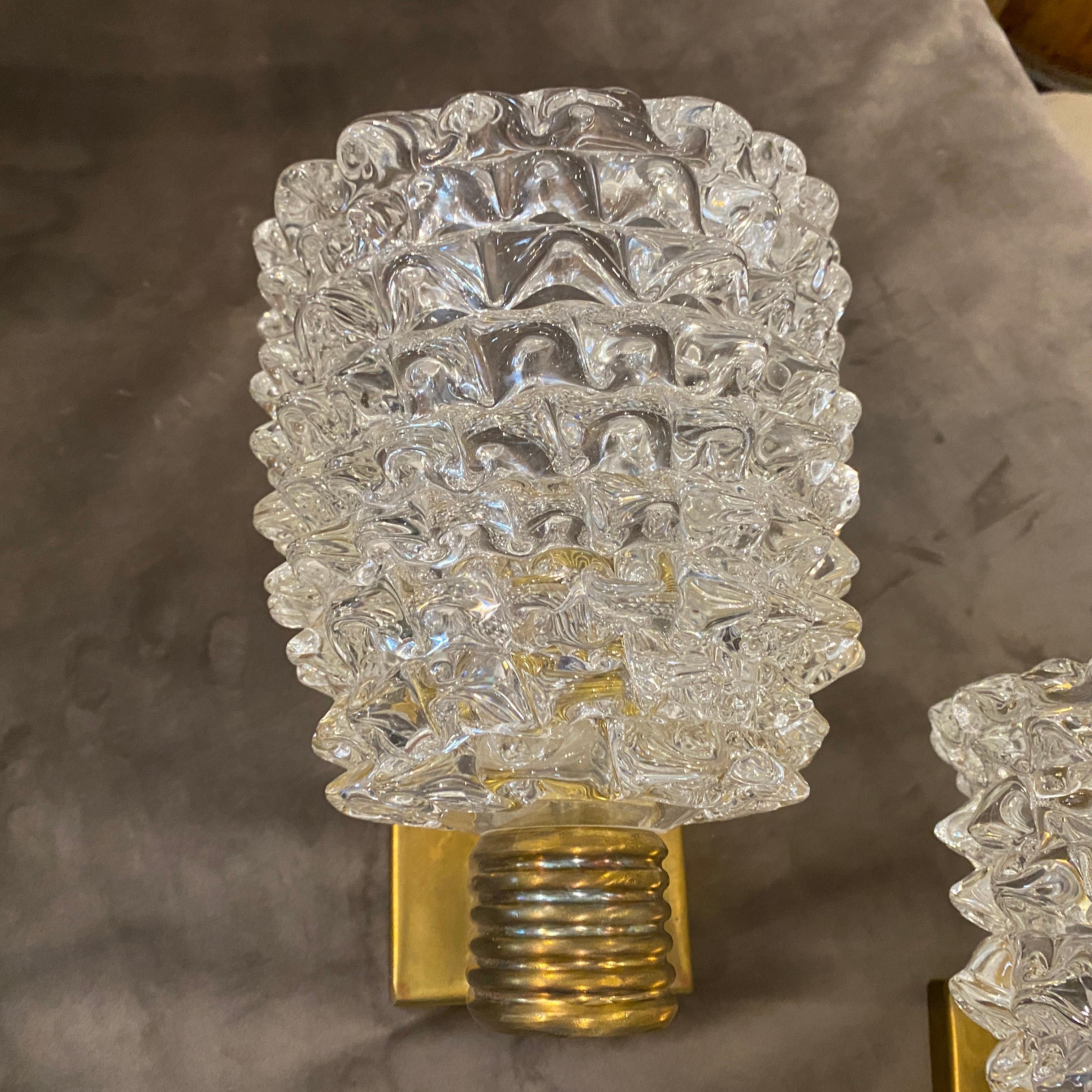 Hand-Crafted Two Brass and Rostrato Murano Glass Wall Sconces in the Manner of Barovier