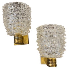 Two Brass and Rostrato Murano Glass Wall Sconces in the Manner of Barovier