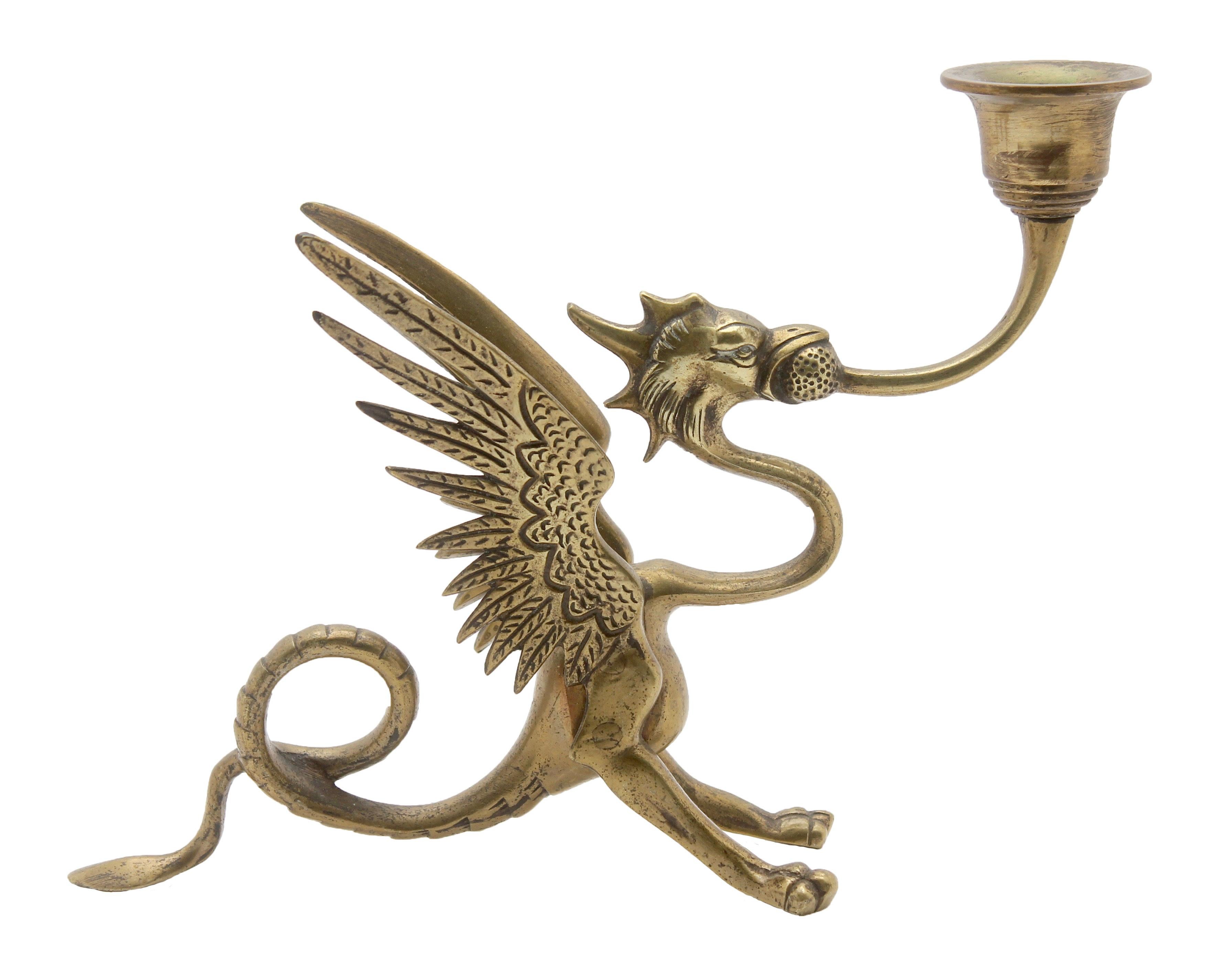 Art Nouveau Two Brass Counterbalanced Candlesticks in the Shape of Dragons