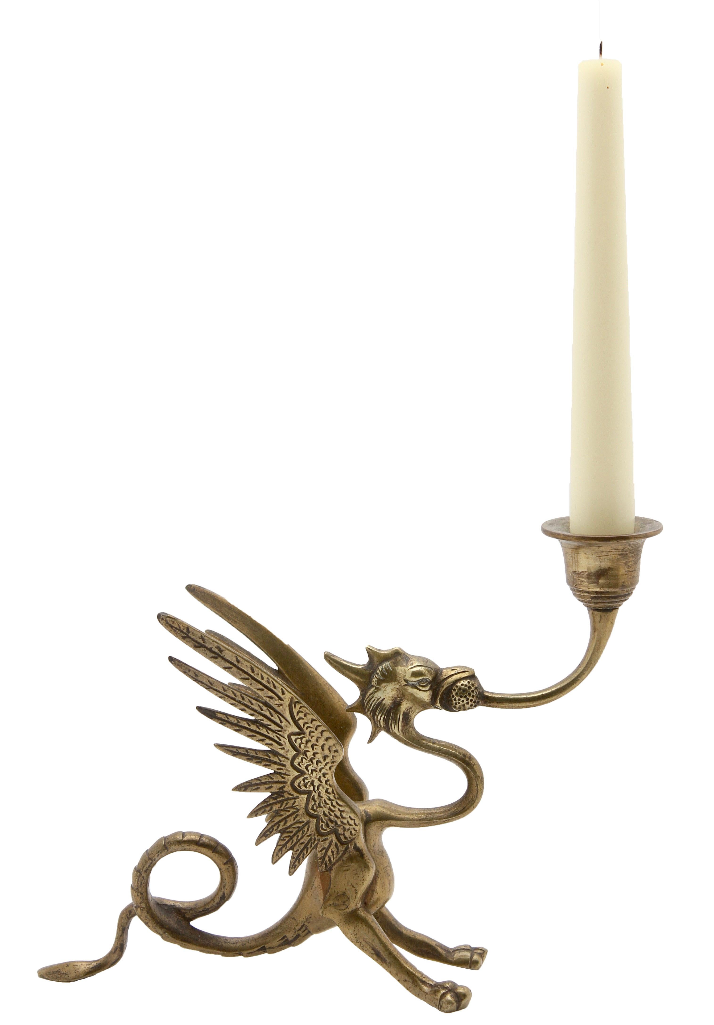French Two Brass Counterbalanced Candlesticks in the Shape of Dragons