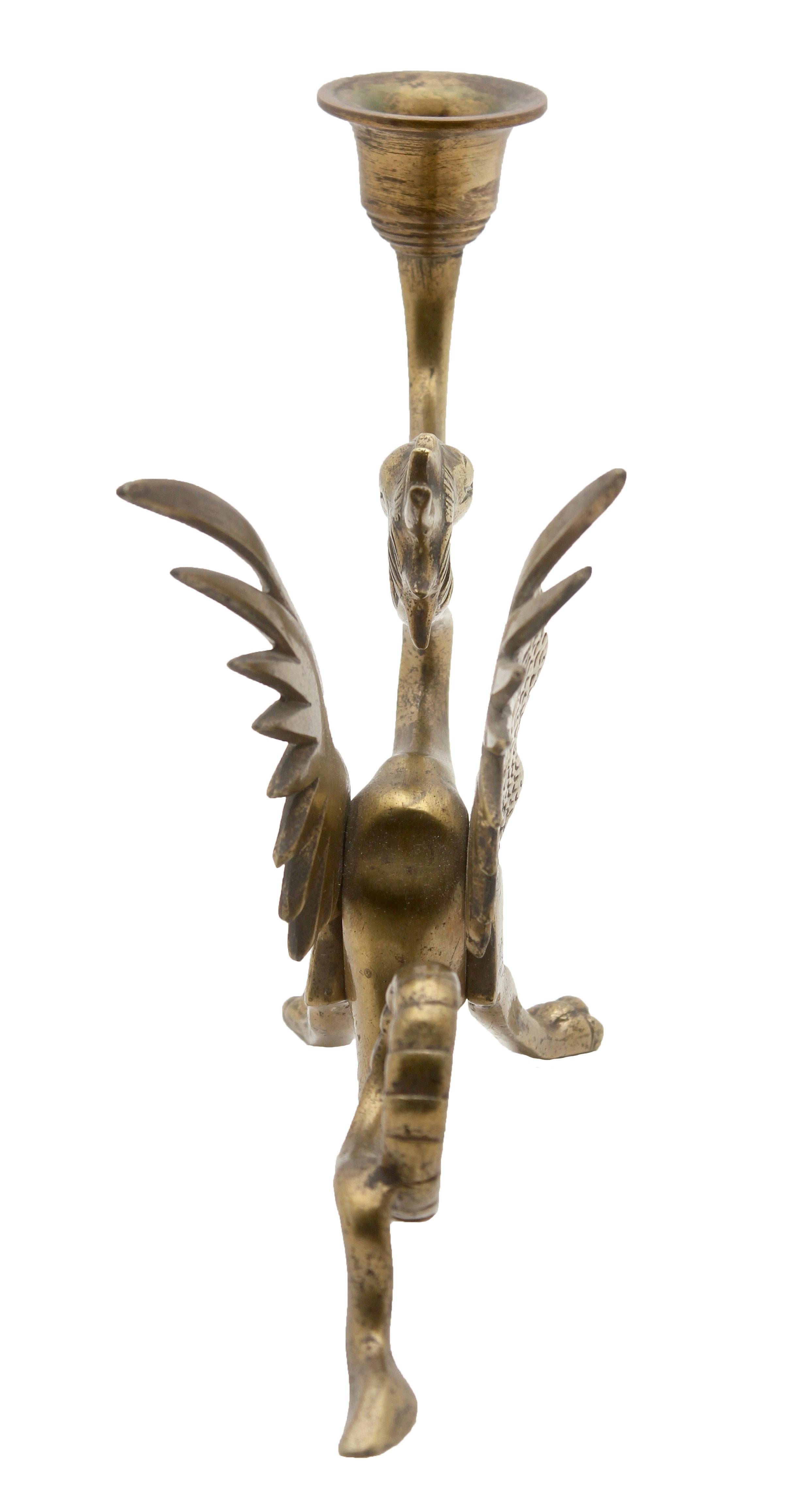 Mid-20th Century Two Brass Counterbalanced Candlesticks in the Shape of Dragons