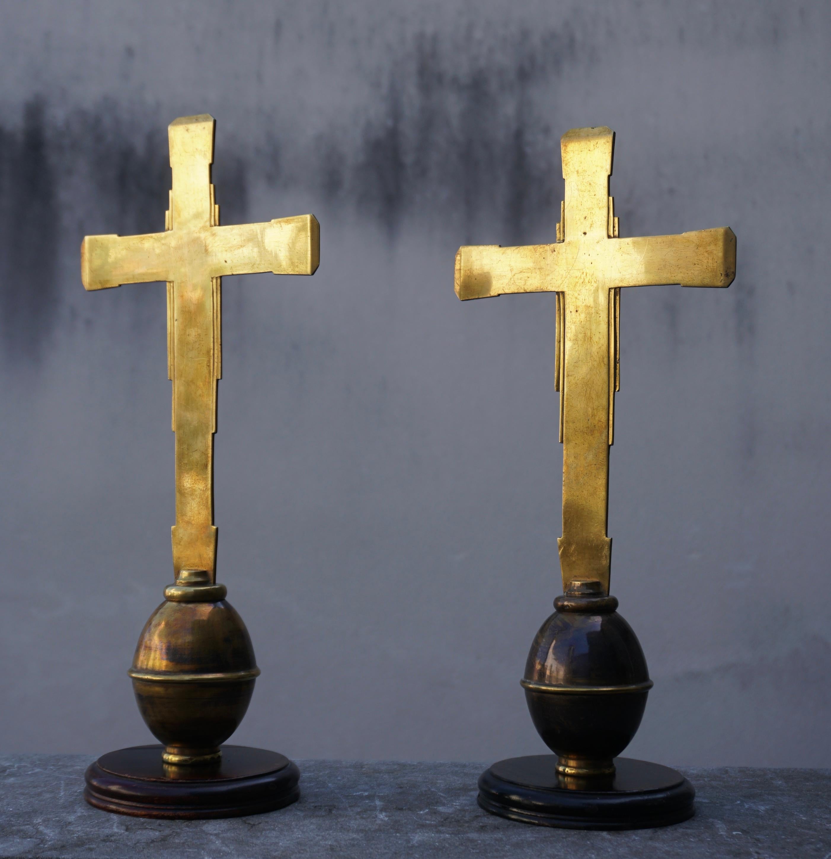 Hand-Crafted Two Brass Cross Ornament For Sale