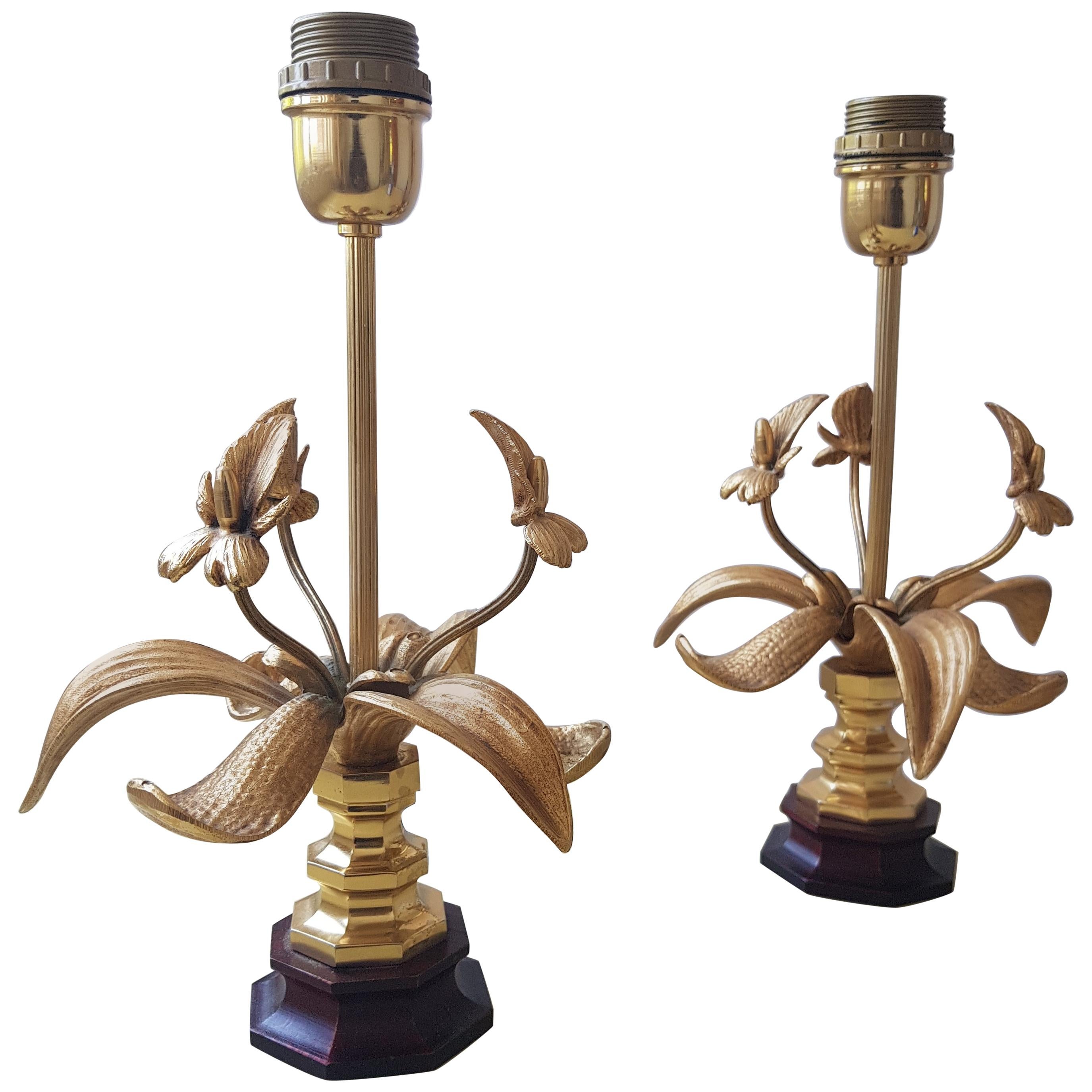 Two  Vintage Hollywood Regency Brass Orchid Table Lamps, Belgium, 1970s