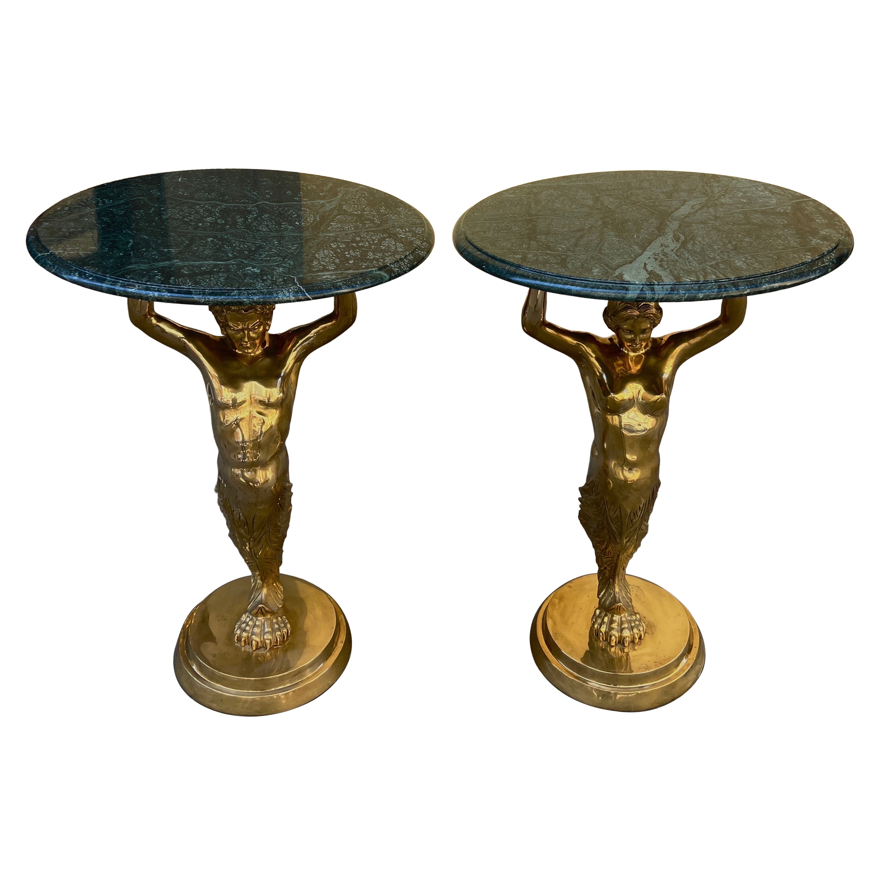 Antique Bronze Side Tables with Green Marble Tops, Neoclassical Style