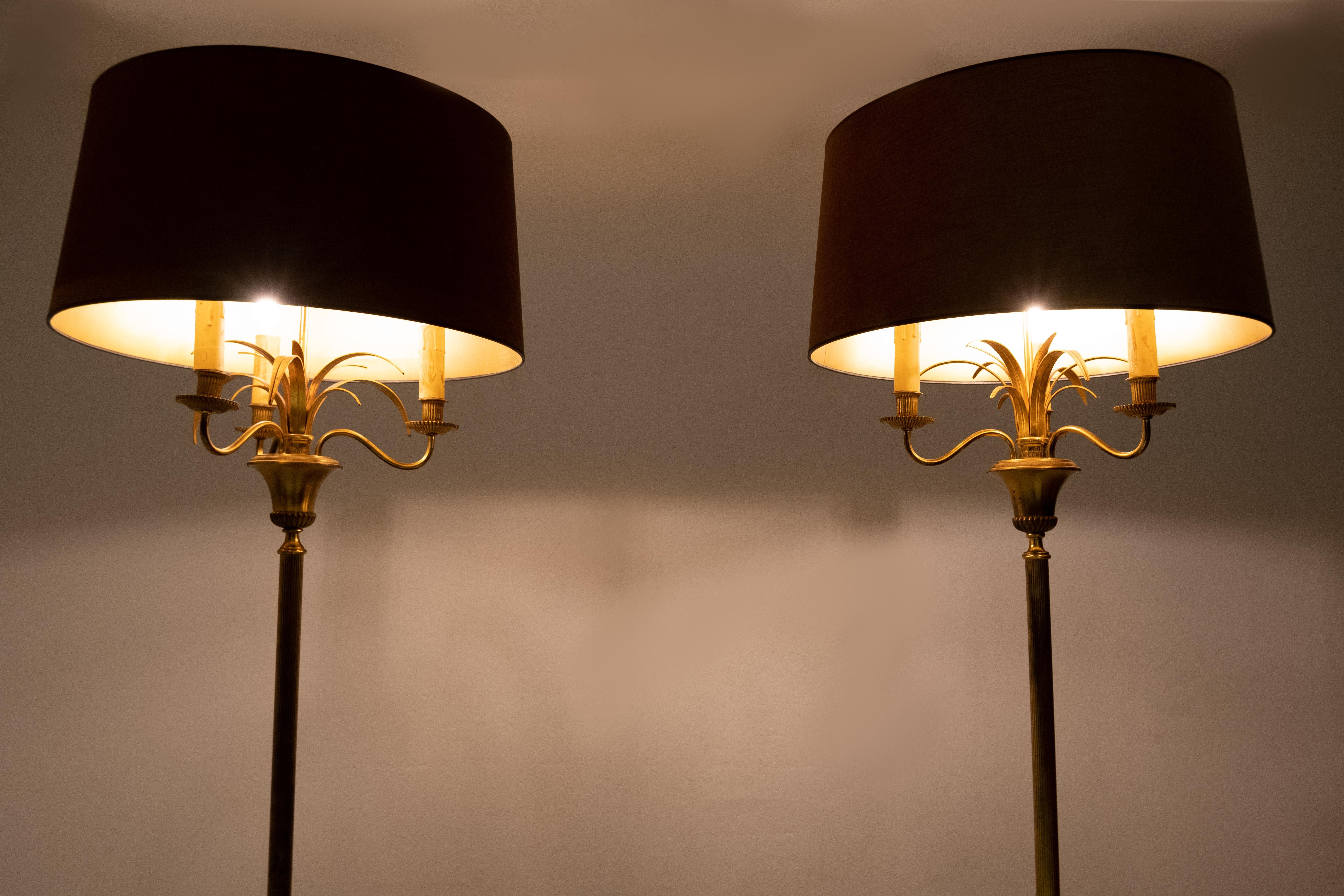 Two Brass Wheat Sheaf Floor Lamps, France 1