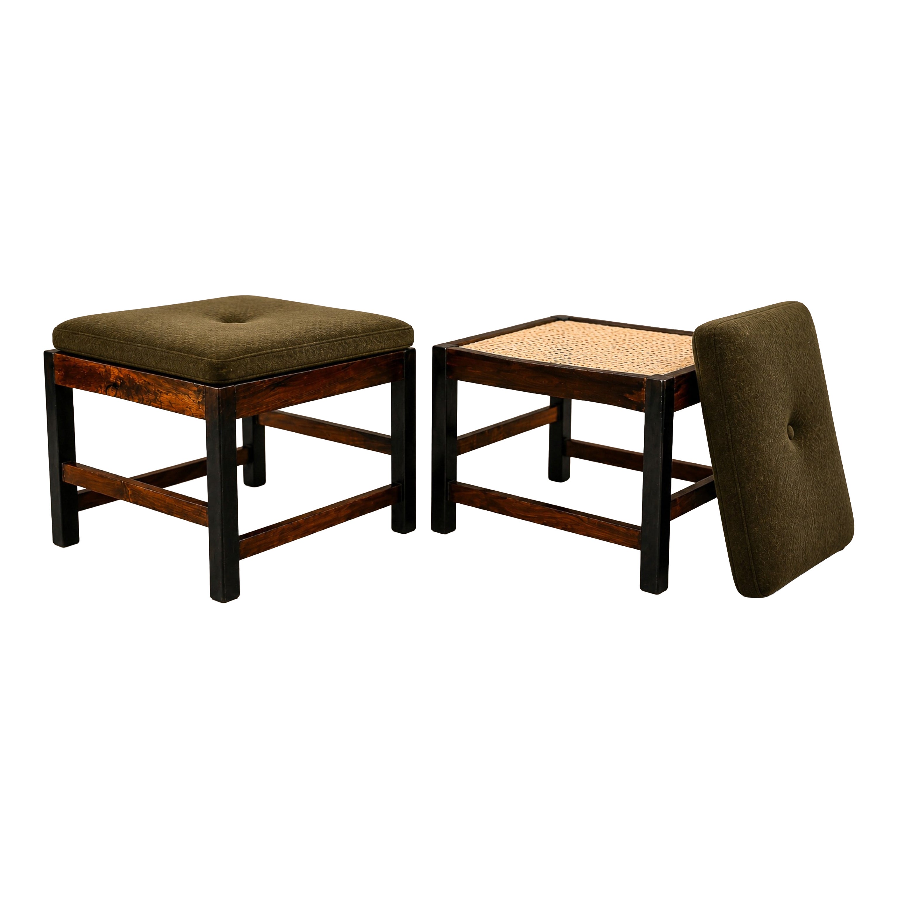 Two Brazilian Modern Stools in Rosewood, Cane, & Mohair Cushions, Liceu de Artes