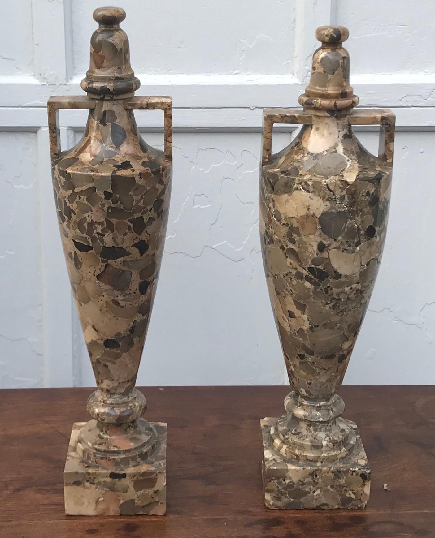 Italian Pair Breccia Marble Amphora Urns