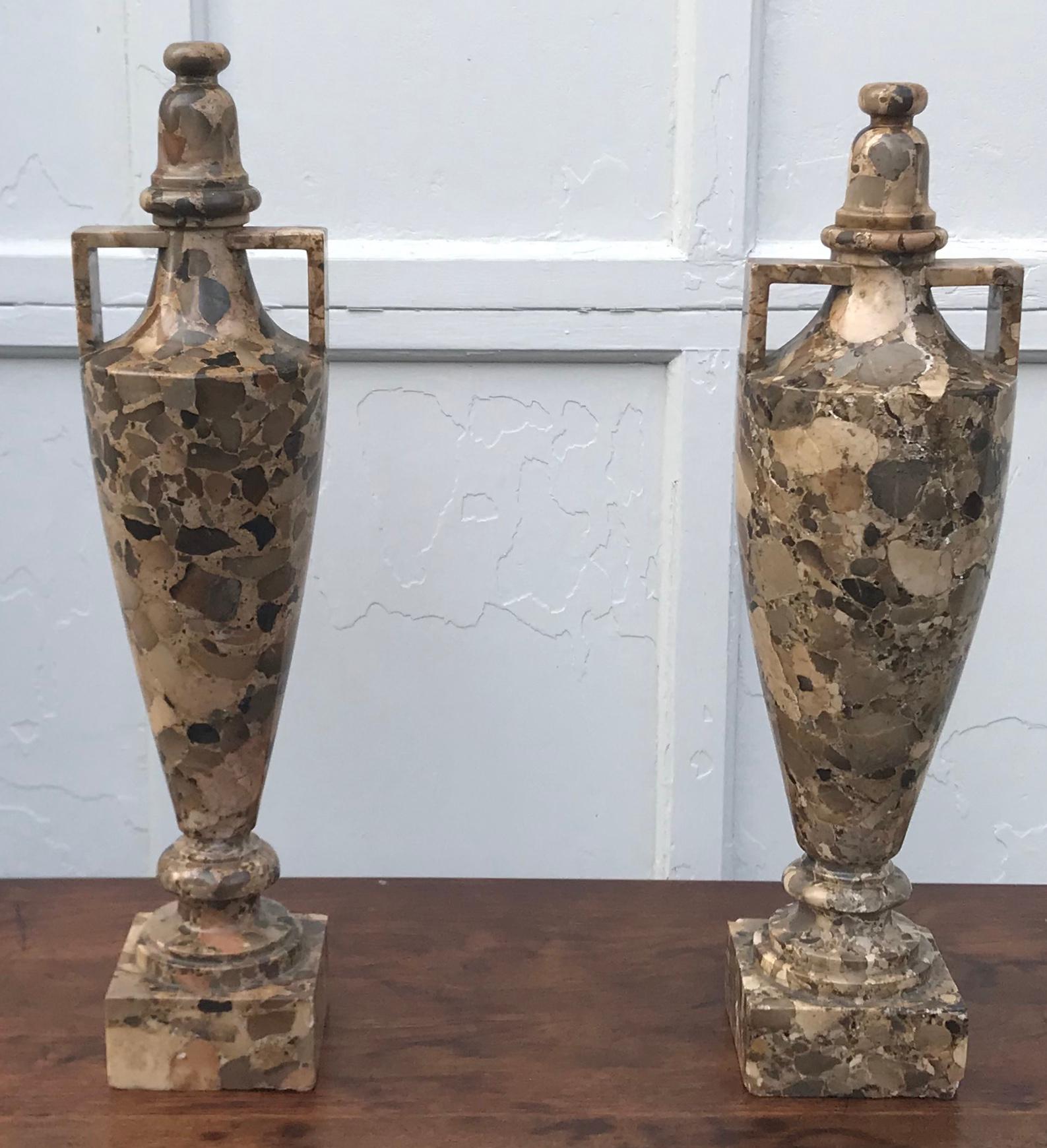 Hand-Carved Pair Breccia Marble Amphora Urns