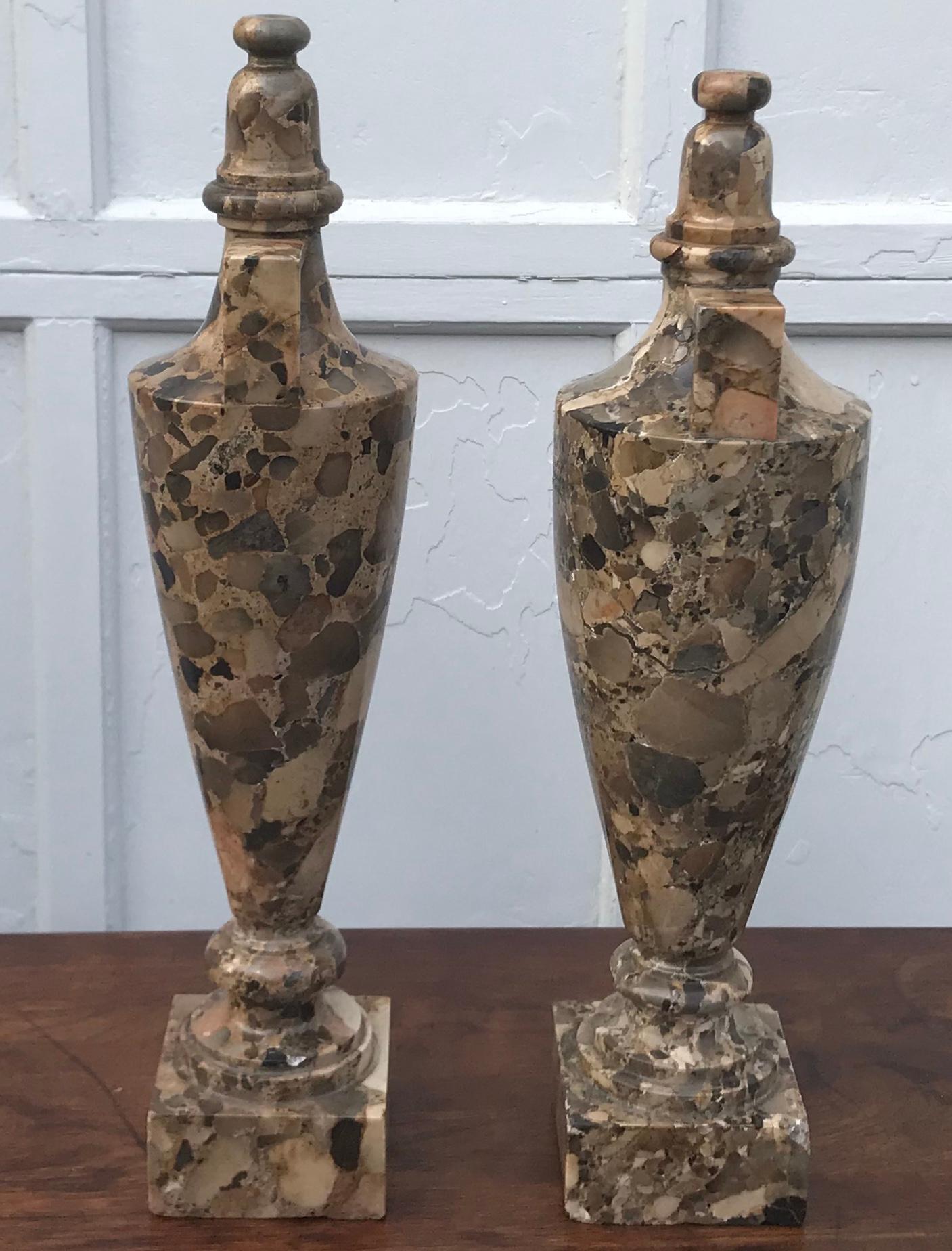 Pair Breccia Marble Amphora Urns In Good Condition In New York, NY