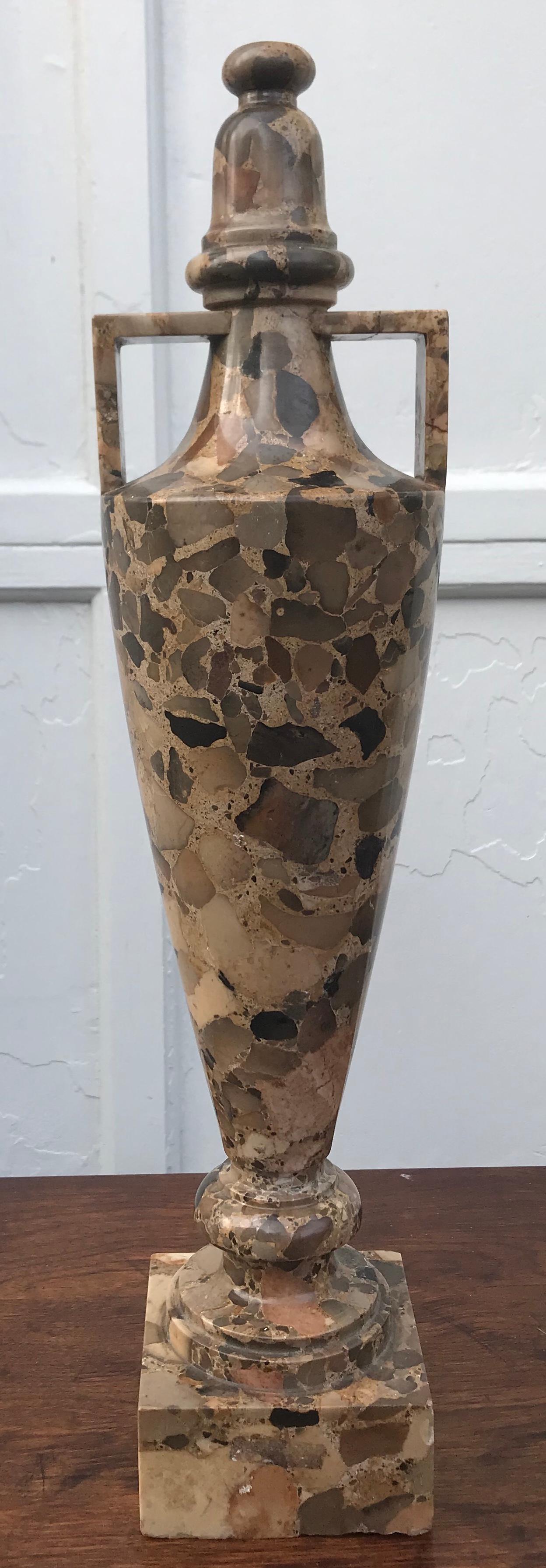 19th Century Pair Breccia Marble Amphora Urns