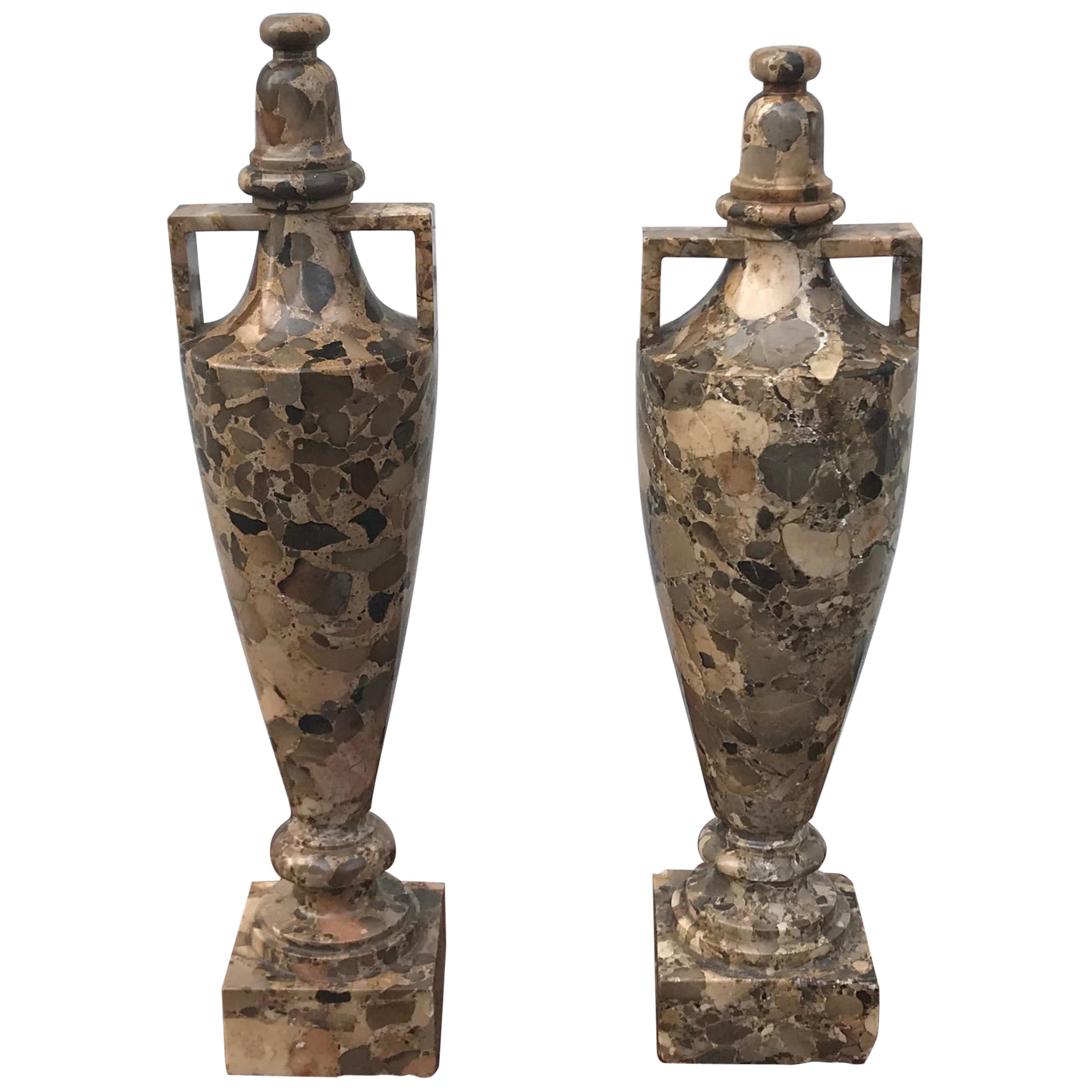 Pair Breccia Marble Amphora Urns