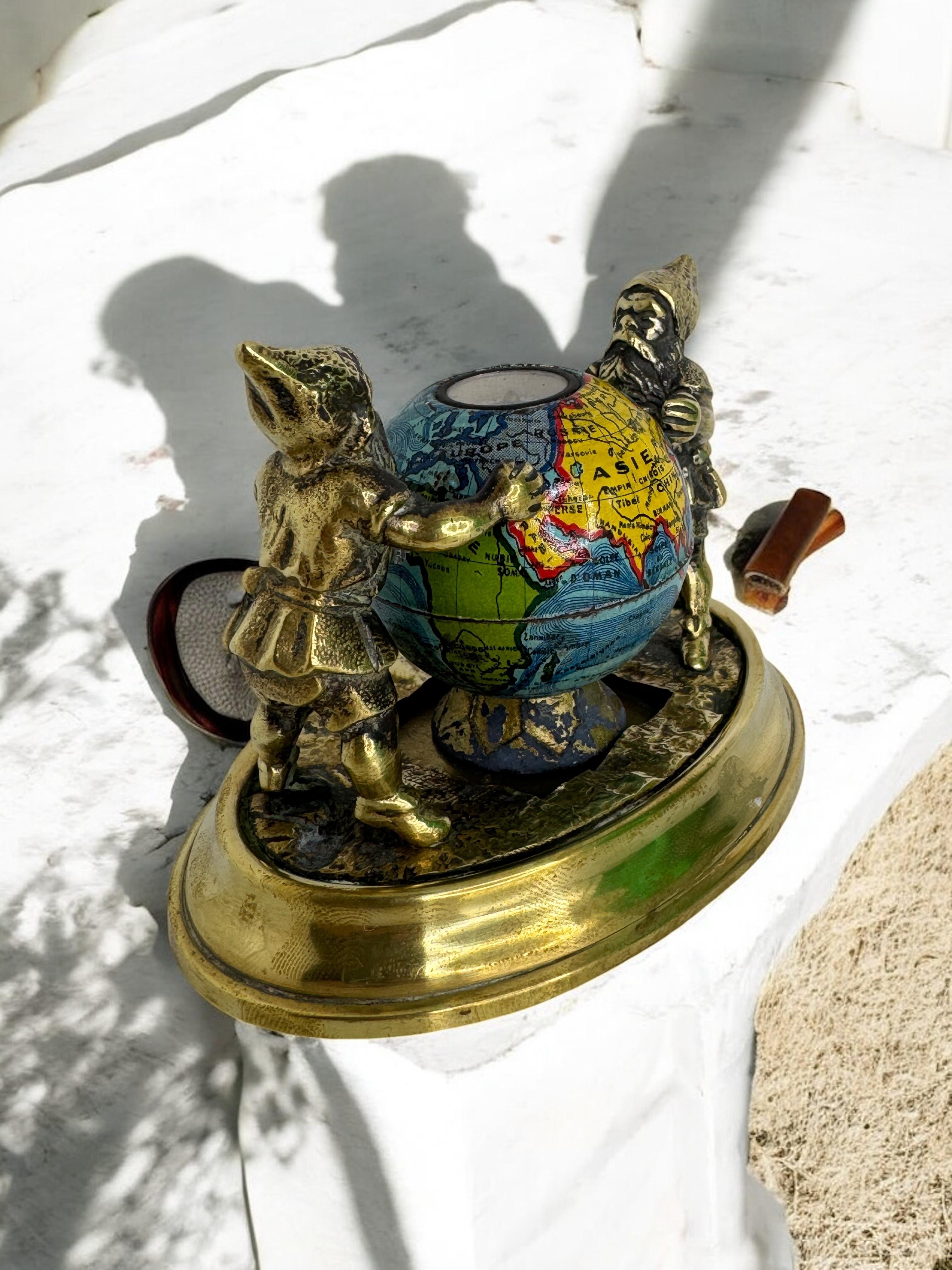 Two Bronze Gnome with Base Paperweight Figurine with Globe Antique France 1900s For Sale 3
