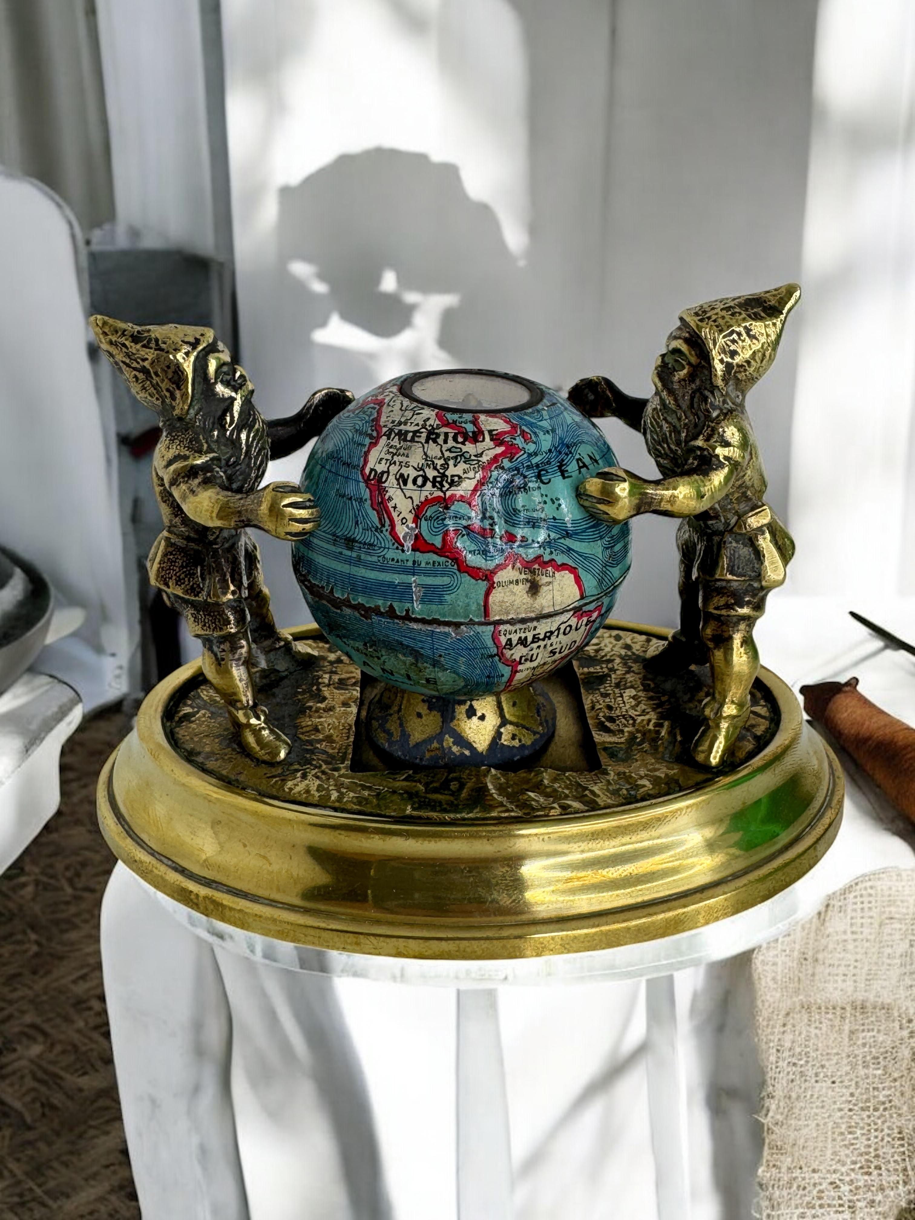 Two Bronze Gnome with Base Paperweight Figurine with Globe Antique France 1900s For Sale 5