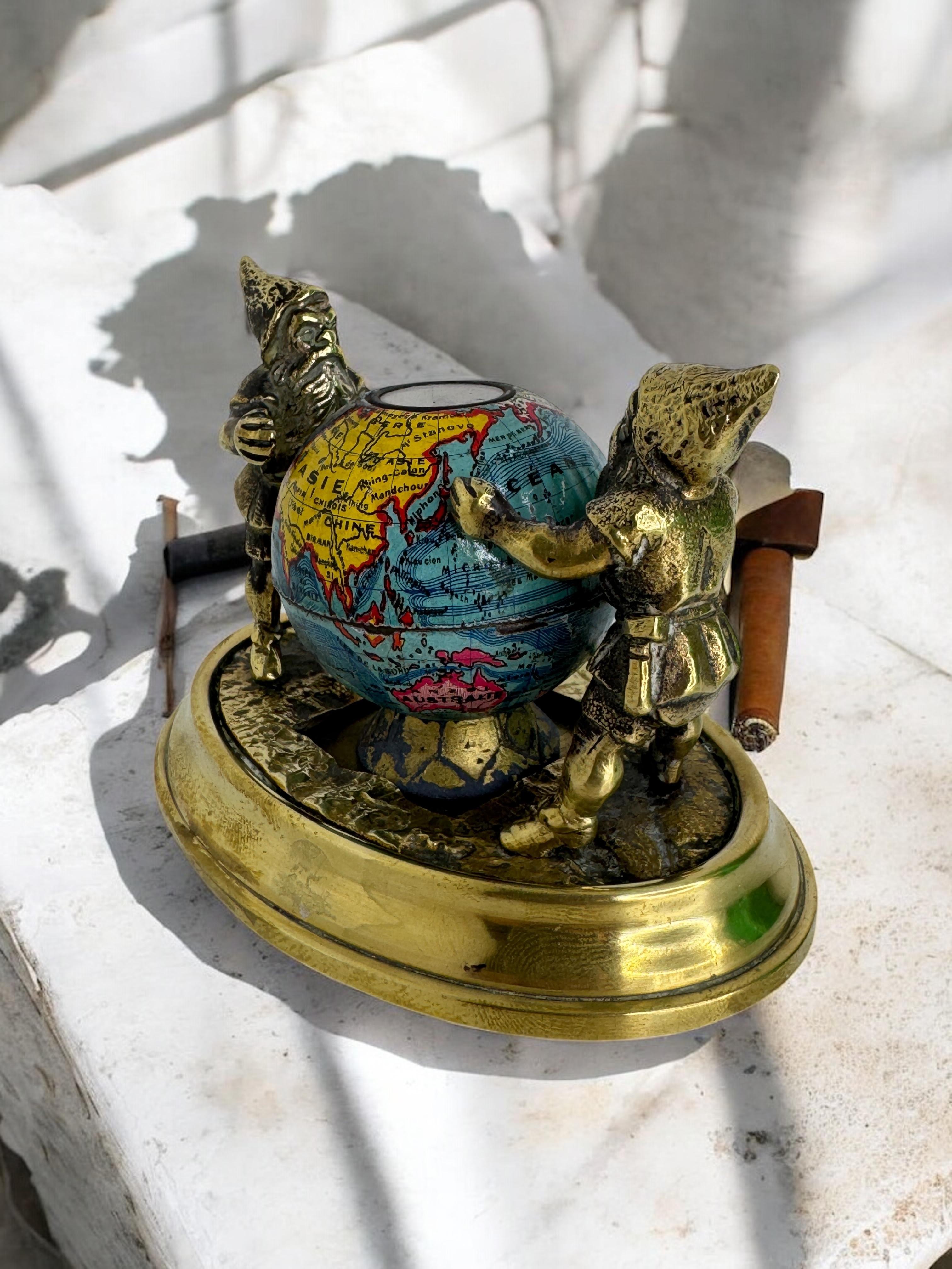 Two Bronze Gnome with Base Paperweight Figurine with Globe Antique France 1900s For Sale 7