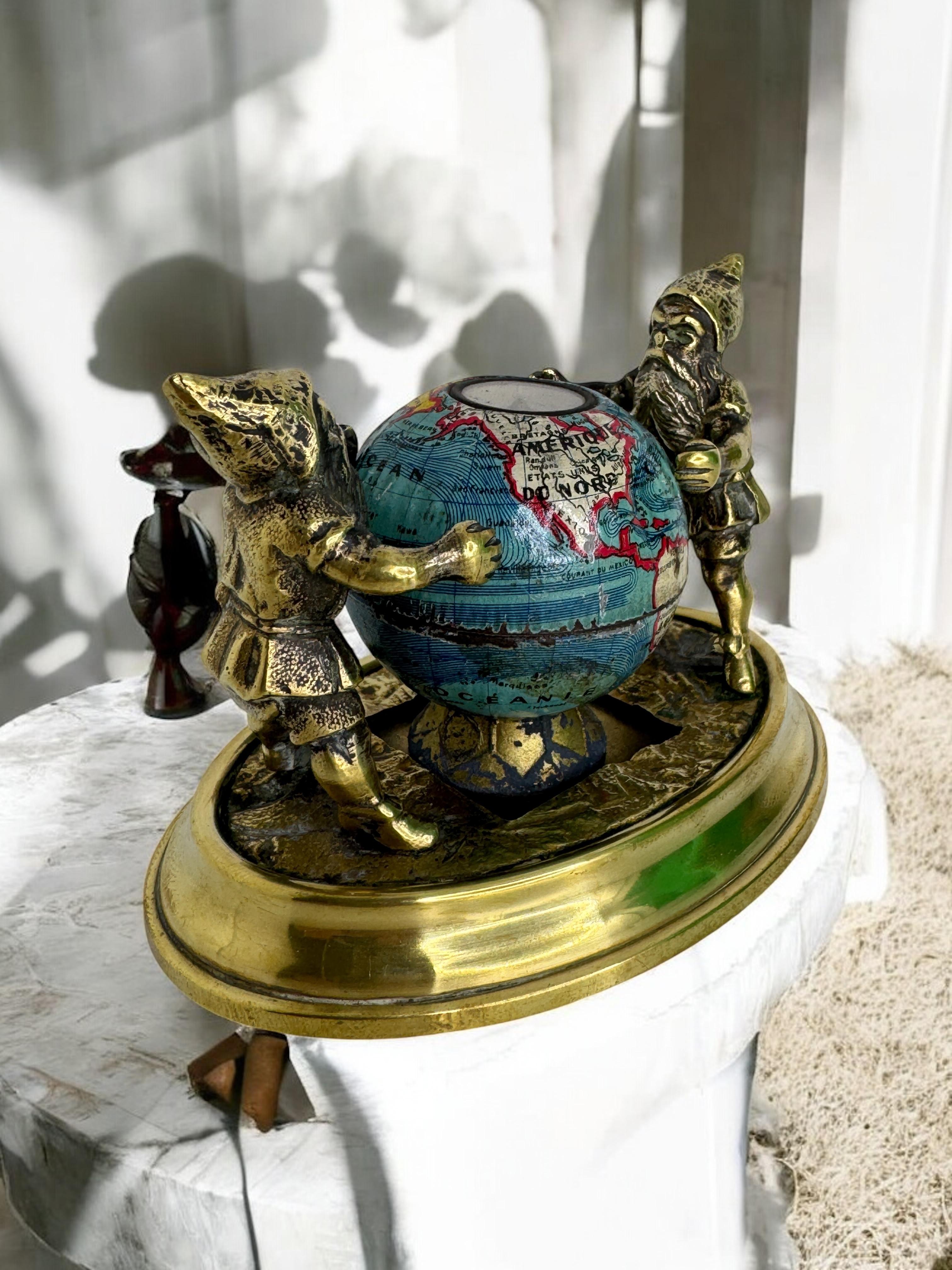 Two Bronze Gnome with Base Paperweight Figurine with Globe Antique France 1900s For Sale 8