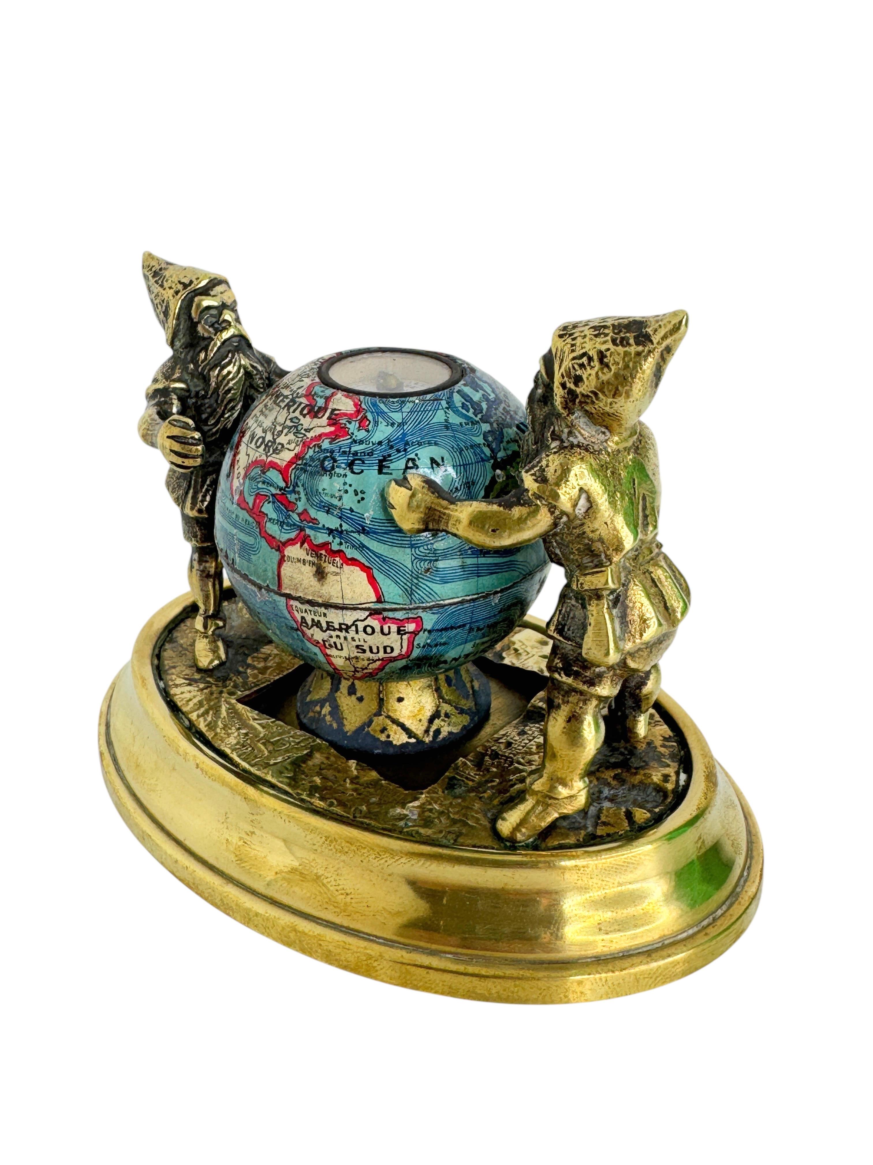 Art Nouveau Two Bronze Gnome with Base Paperweight Figurine with Globe Antique France 1900s For Sale