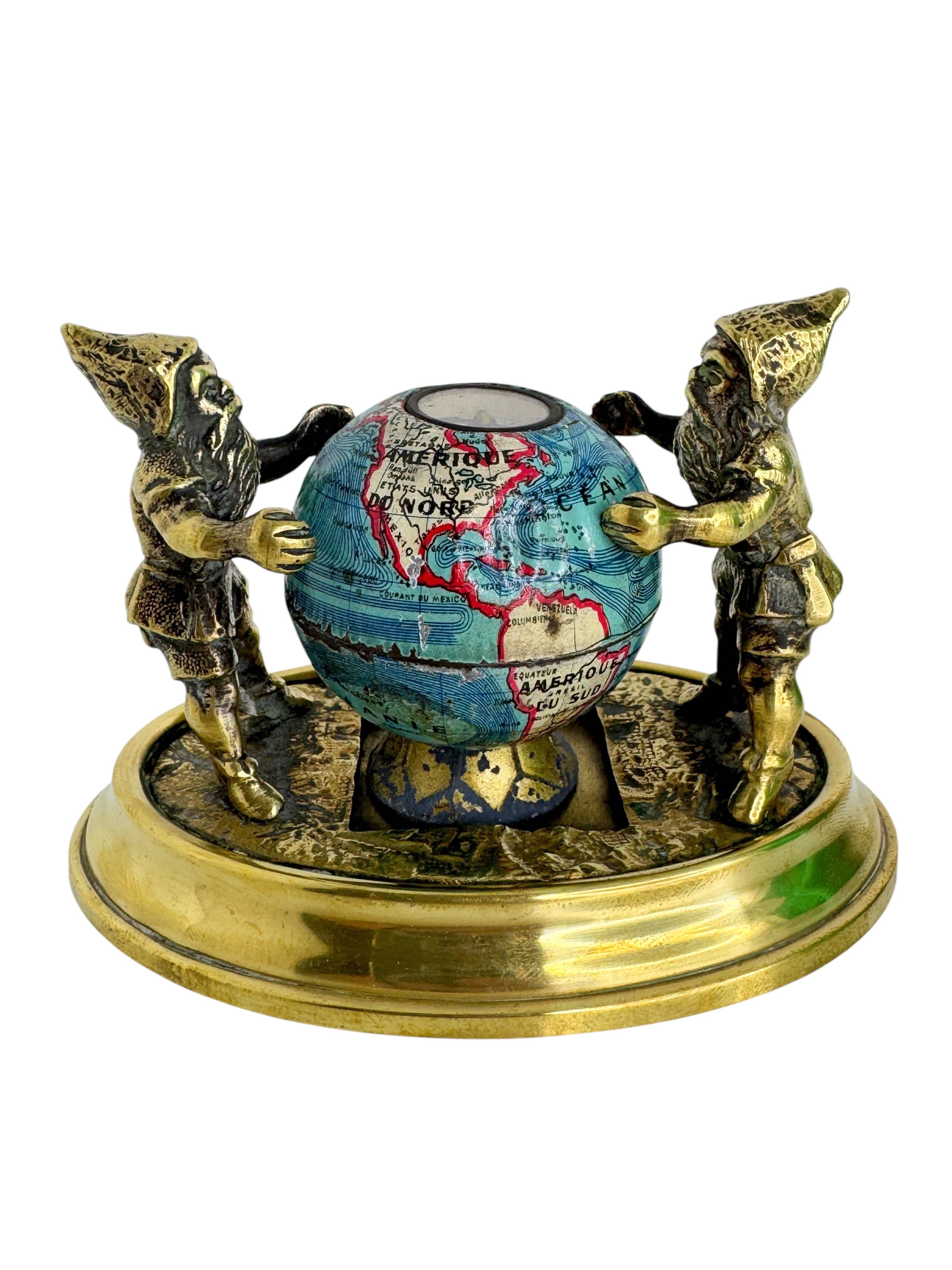 French Two Bronze Gnome with Base Paperweight Figurine with Globe Antique France 1900s For Sale