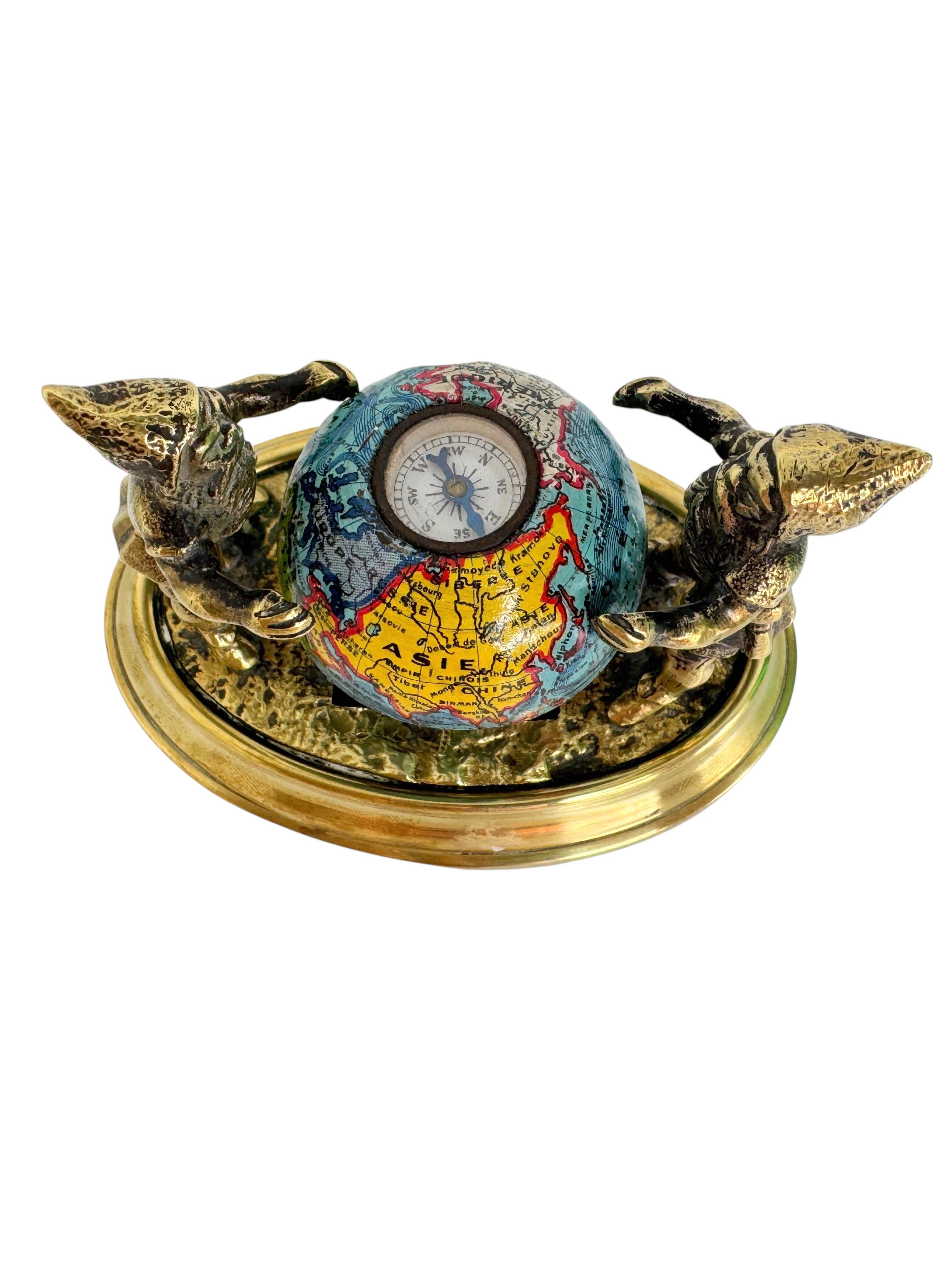 Two Bronze Gnome with Base Paperweight Figurine with Globe Antique France 1900s In Good Condition For Sale In Nuernberg, DE
