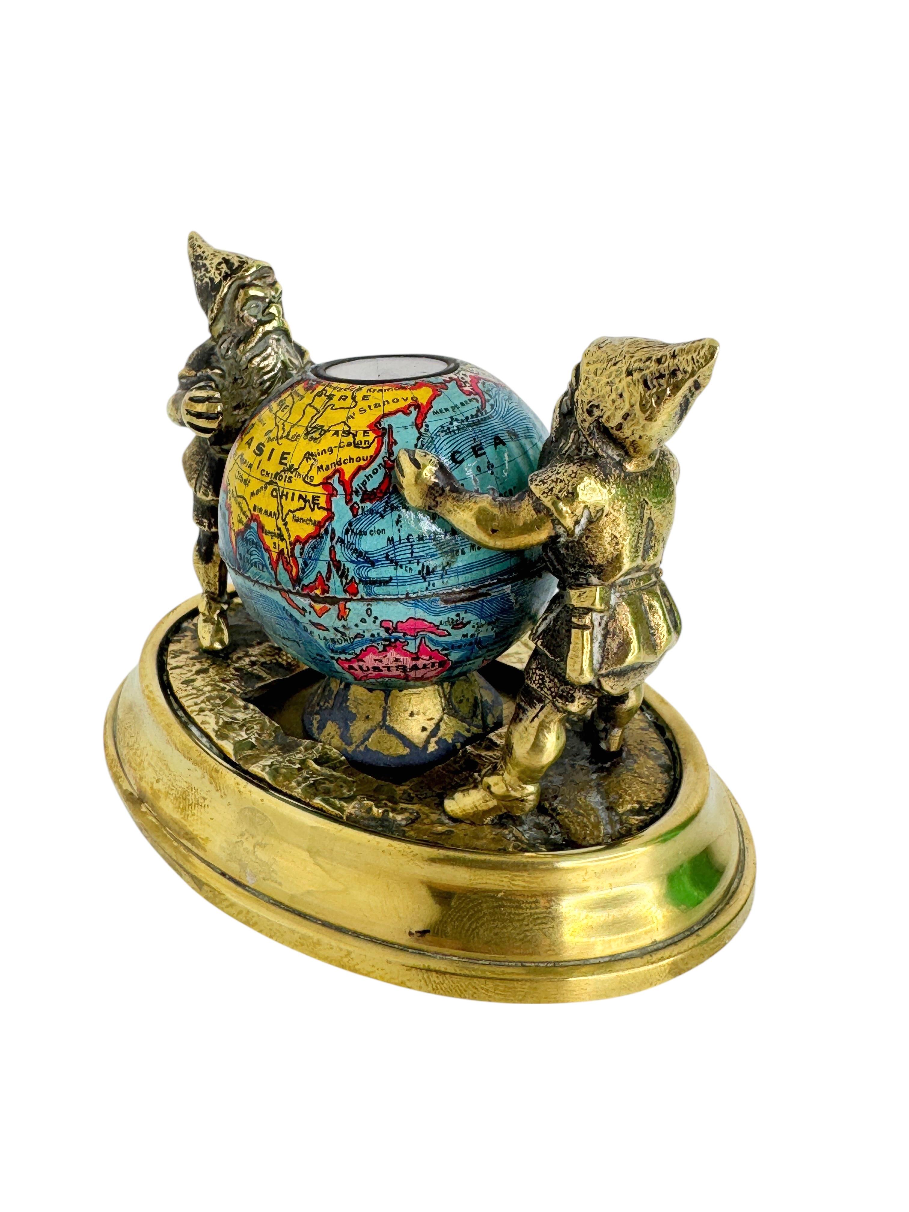 20th Century Two Bronze Gnome with Base Paperweight Figurine with Globe Antique France 1900s For Sale