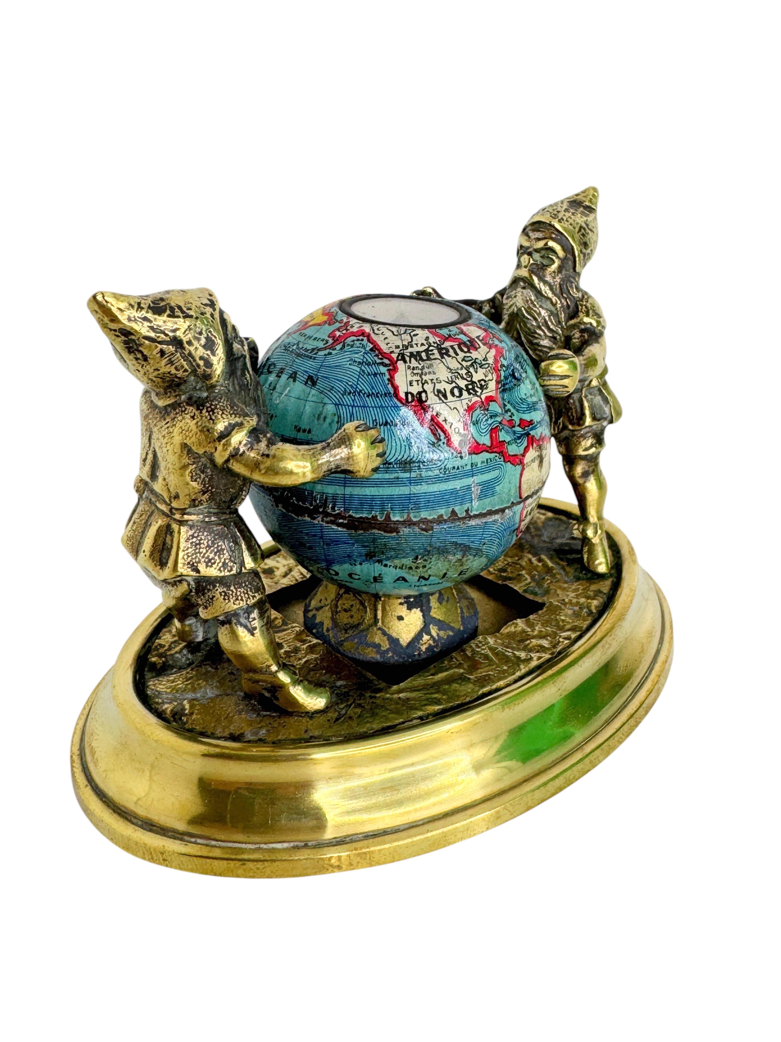 Metal Two Bronze Gnome with Base Paperweight Figurine with Globe Antique France 1900s For Sale