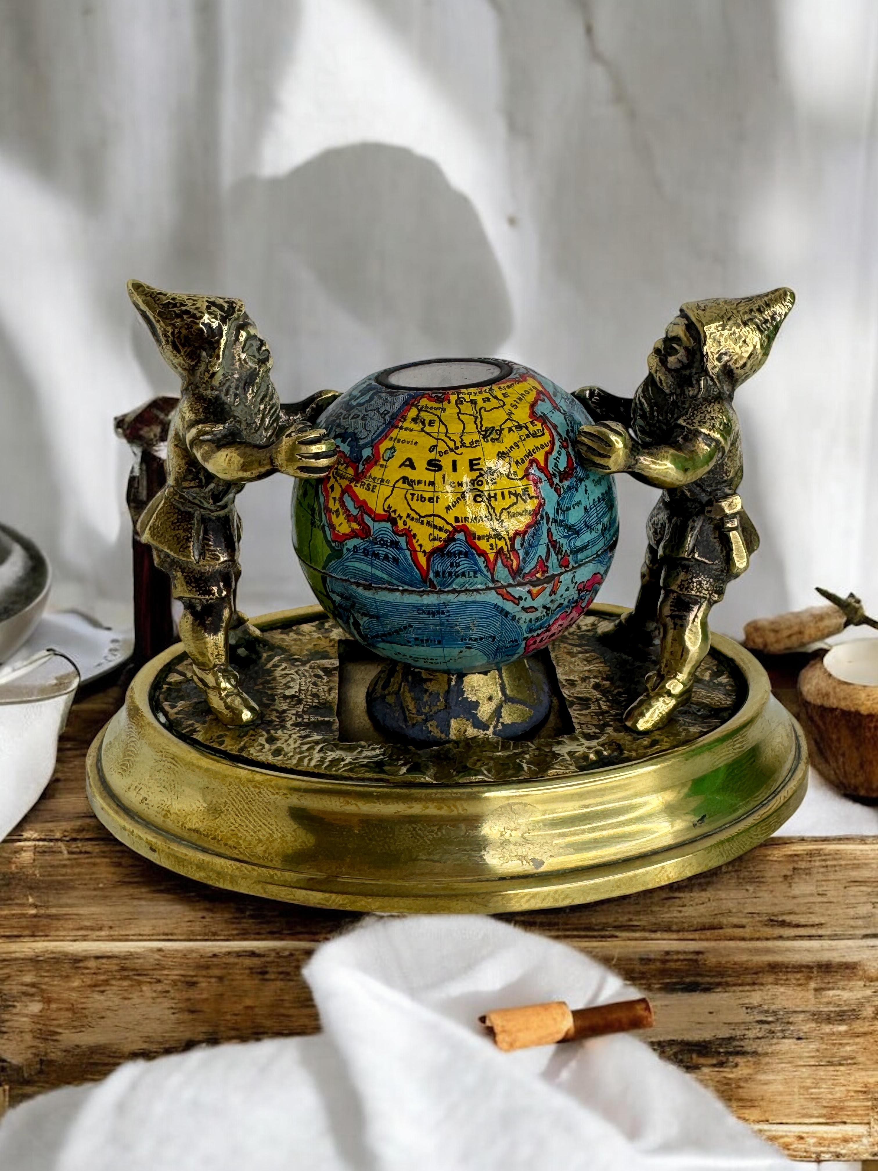Two Bronze Gnome with Base Paperweight Figurine with Globe Antique France 1900s For Sale 2
