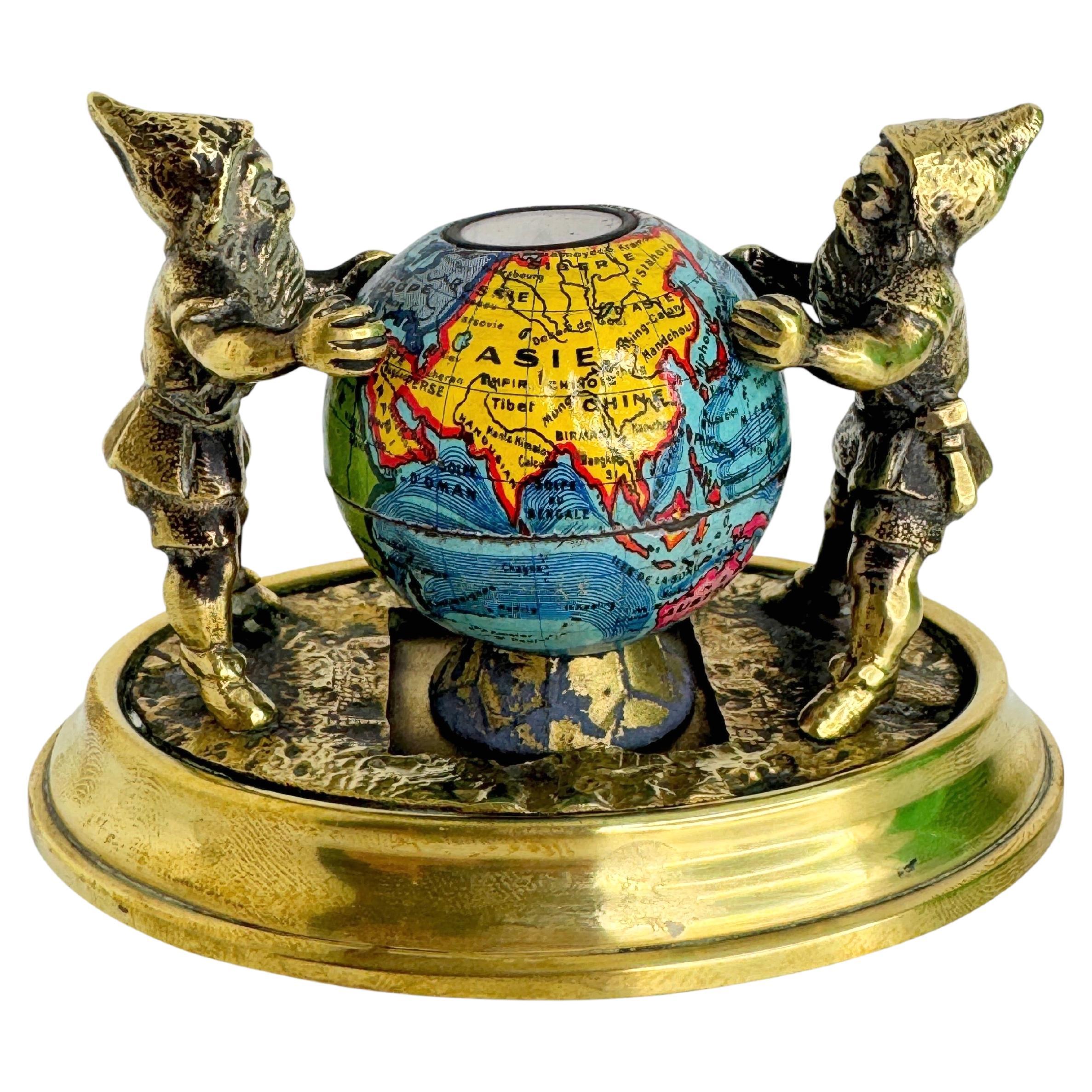 Two Bronze Gnome with Base Paperweight Figurine with Globe Antique France 1900s For Sale