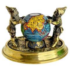 Two Bronze Gnome with Base Paperweight Figurine with Globe Antique France 1900s