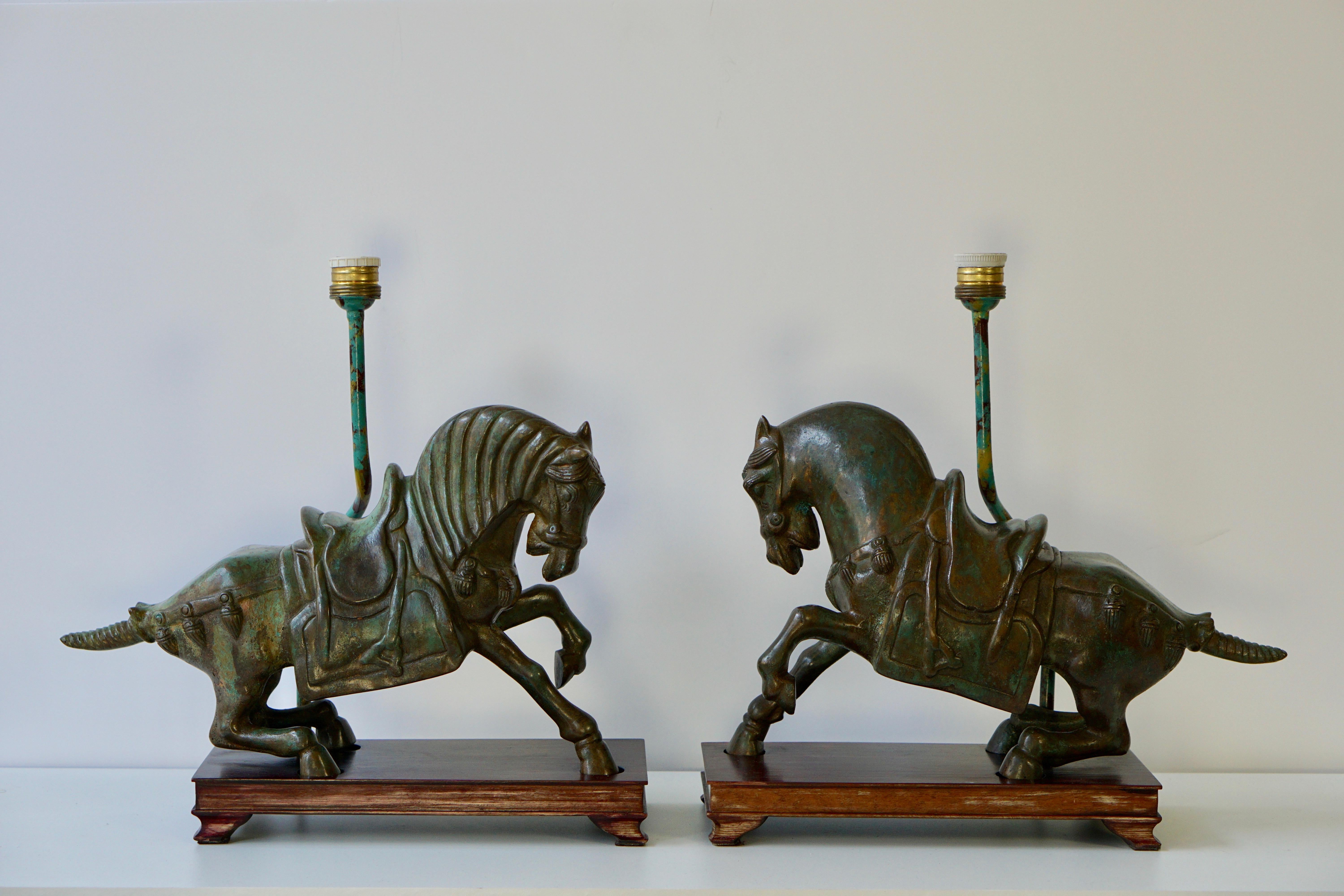 20th Century Two Bronze Horses Mounted as Lamps