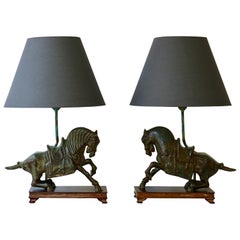 Two Bronze Horses Mounted as Lamps