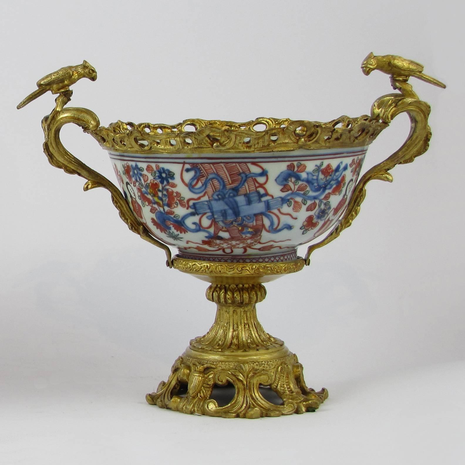 Napoleon III Two Bronze-Mounted Japanese Porcelain Imari Bowls with Bronze Birds For Sale