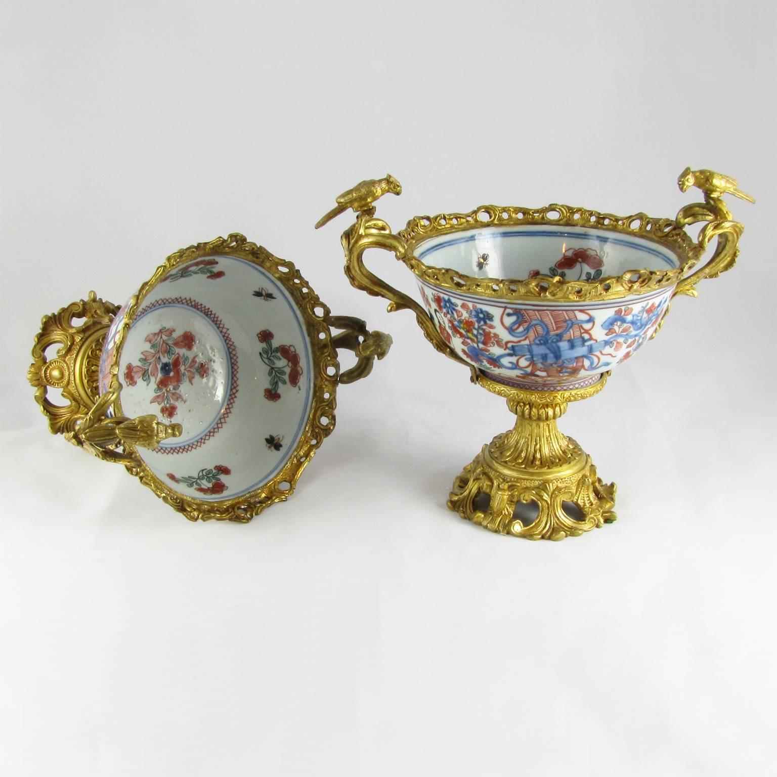 19th Century Two Bronze-Mounted Japanese Porcelain Imari Bowls with Bronze Birds For Sale