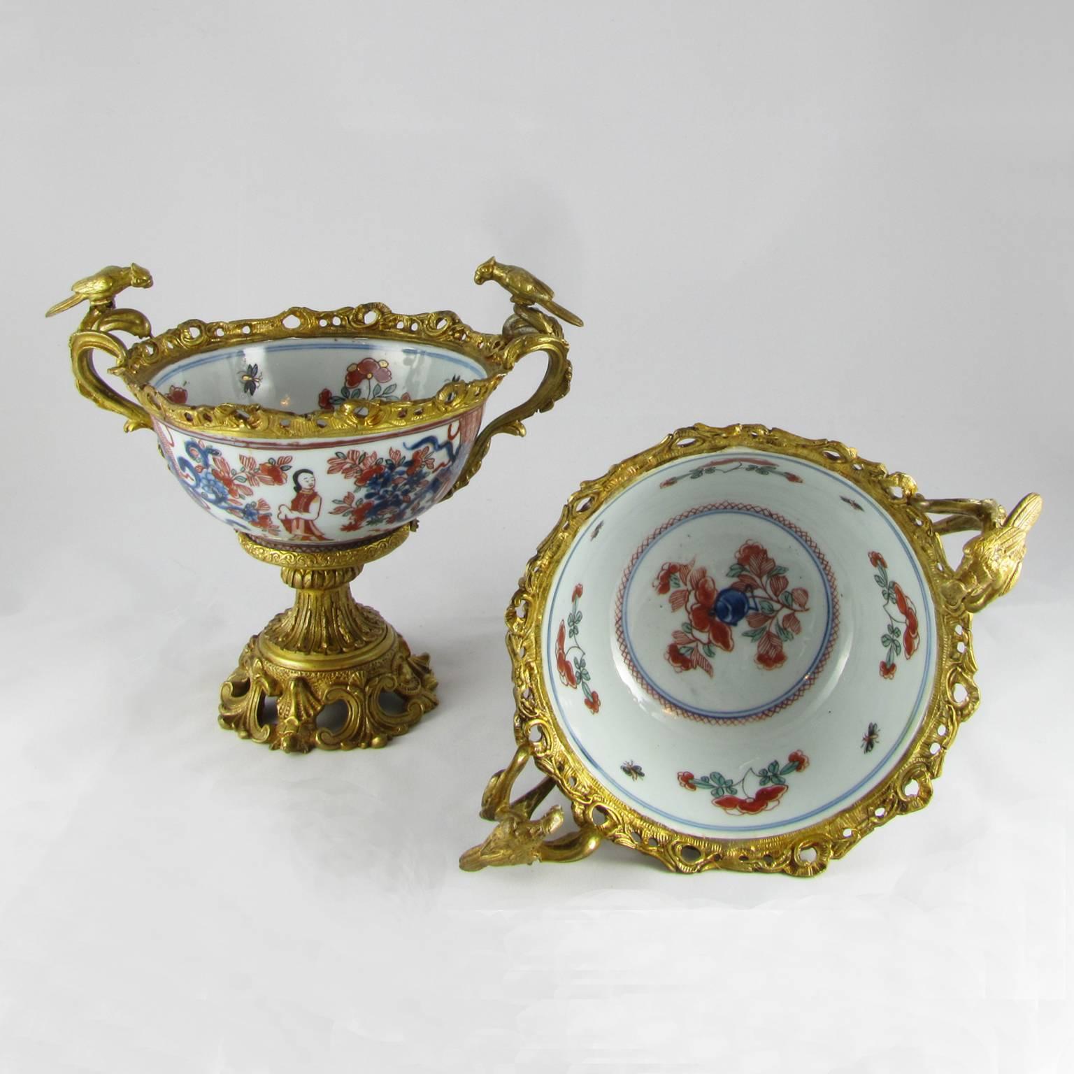 Two Bronze-Mounted Japanese Porcelain Imari Bowls with Bronze Birds For Sale 1