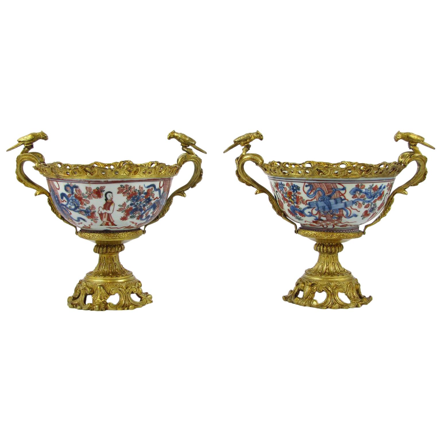 Two Bronze-Mounted Japanese Porcelain Imari Bowls with Bronze Birds For Sale