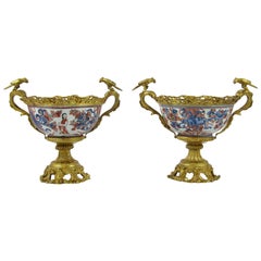 Antique Two Bronze-Mounted Japanese Porcelain Imari Bowls with Bronze Birds