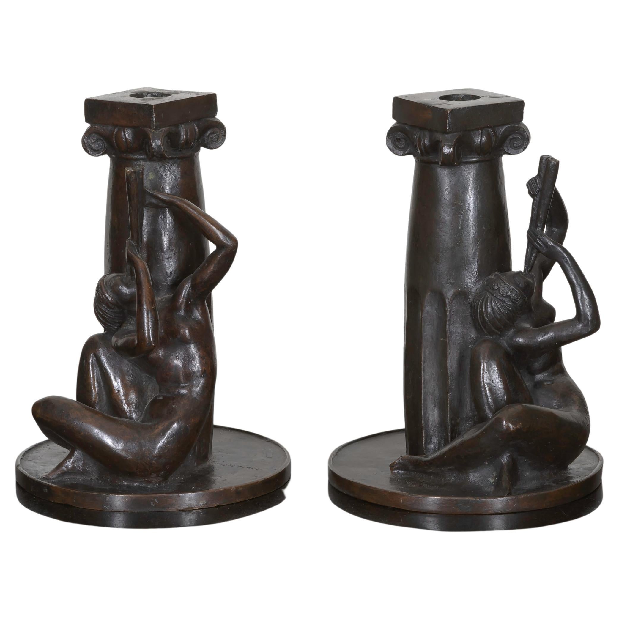 Two Bronze Sculptural Candlesticks, by Cecil de Blaquiere Howard, circa 1919 For Sale