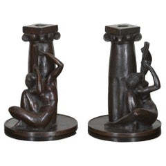 Antique Two Bronze Sculptural Candlesticks, by Cecil de Blaquiere Howard, circa 1919