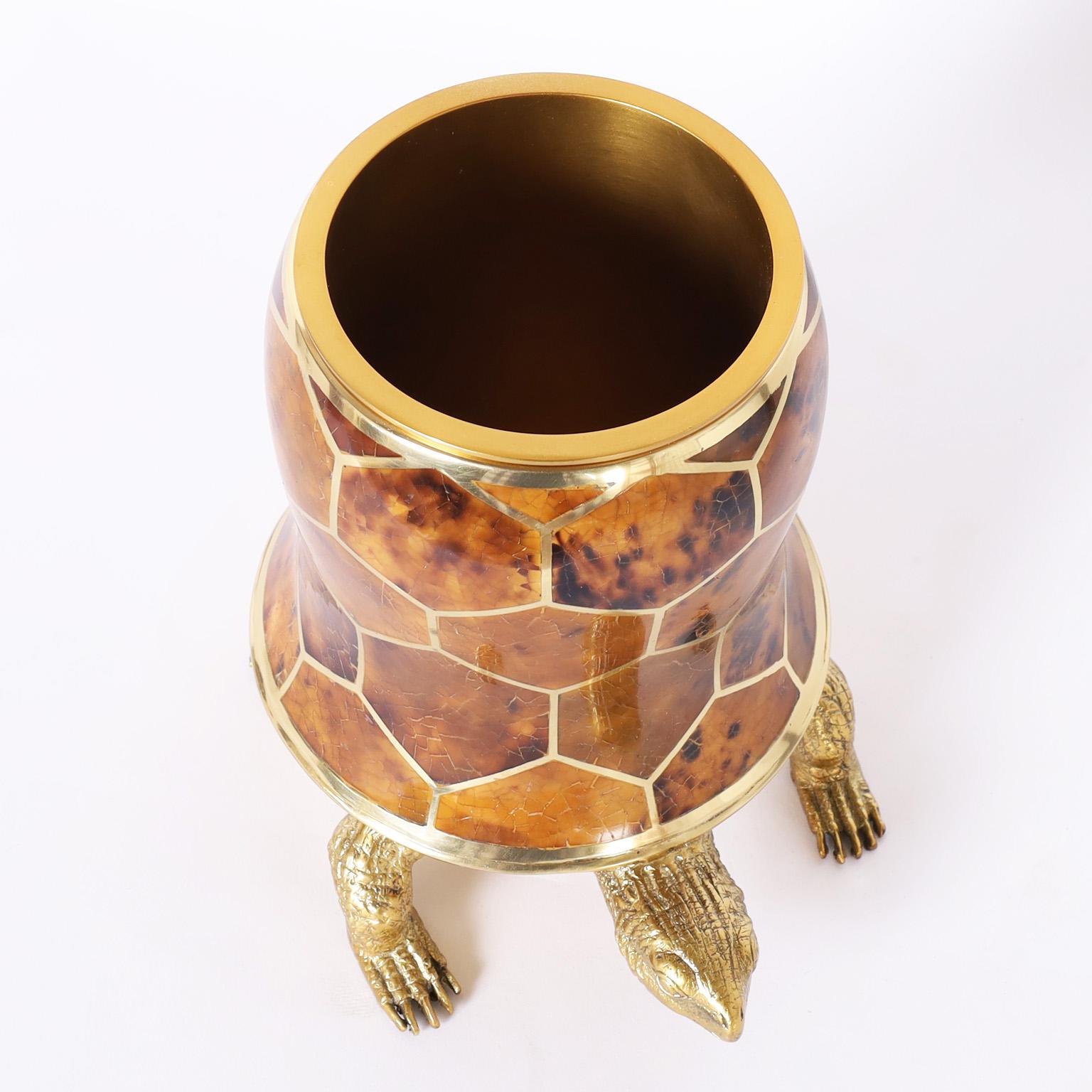 Wine cooler crafted in cast and gilt bronze with a removable insert and featuring a tortoise shell mosaic in a honeycomb design.