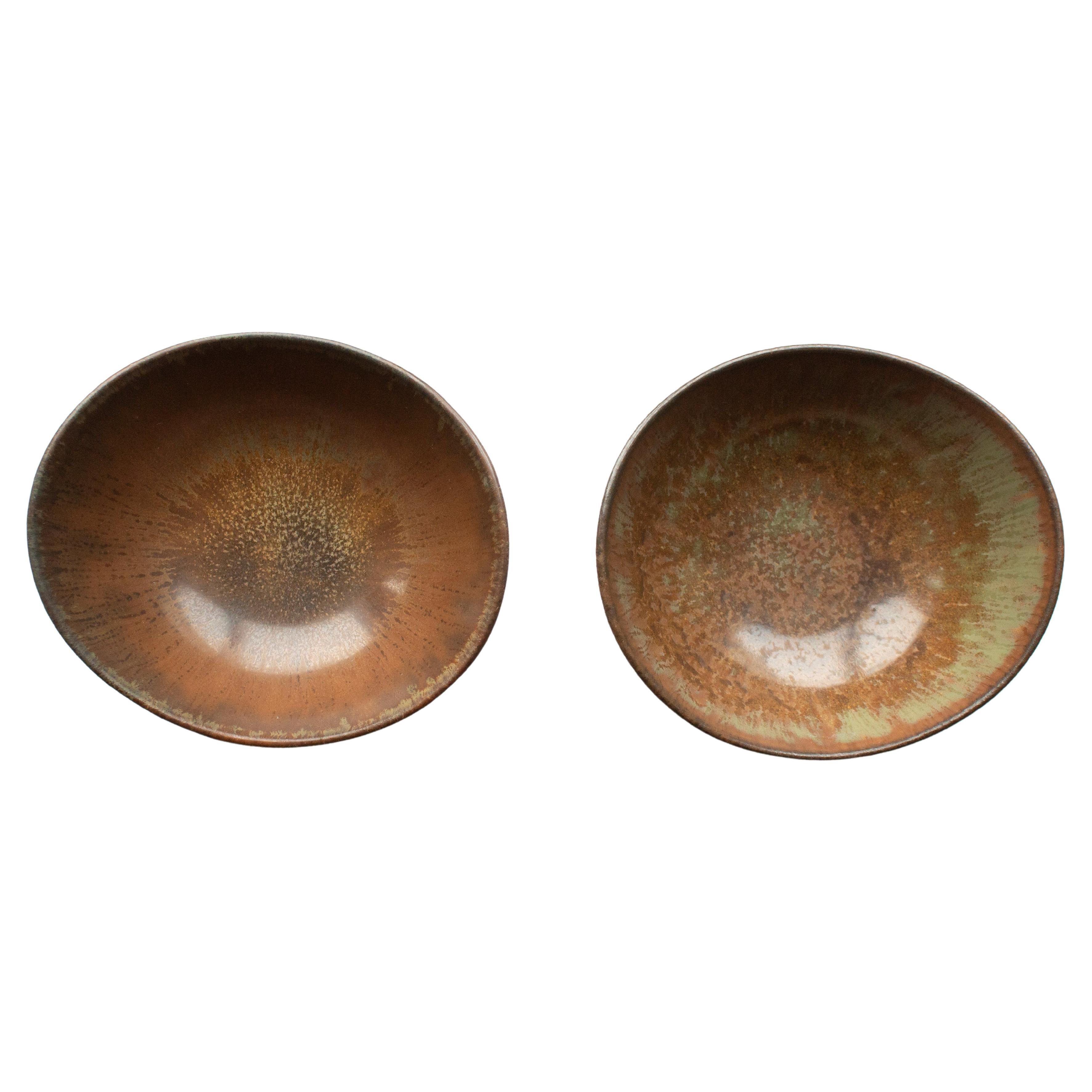 Two Brown and green-glazed Gunnar Nylund Bowls, Sweden, 1940s