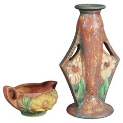 Two Brown Roseville Art Pottery Items with Dahlrose Patten Mid 20thC