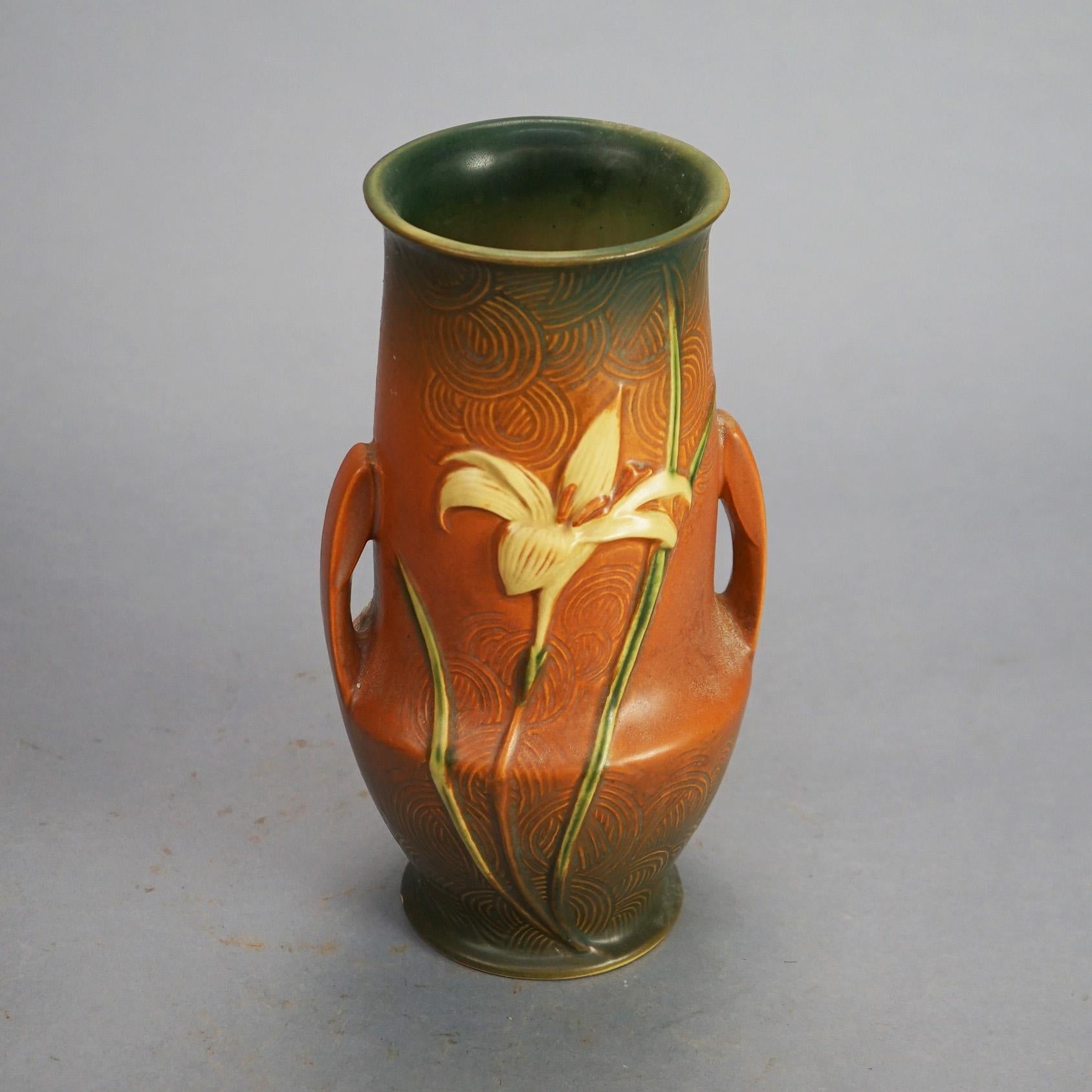 Arts and Crafts Two Brown Roseville Art Pottery Items with Zephyr Lily Pattern Mid 20th C