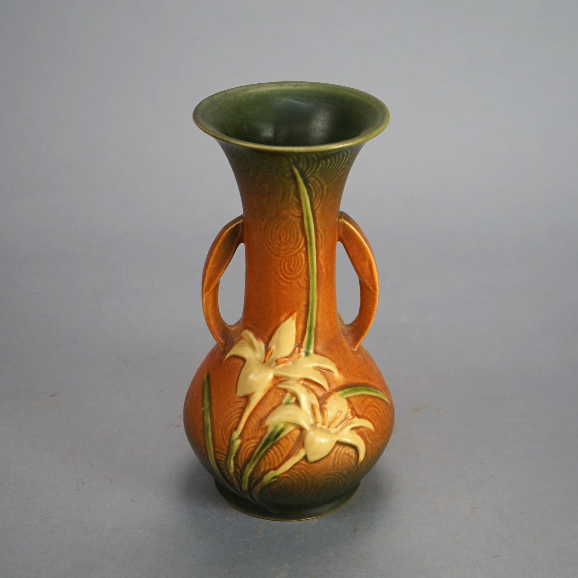20th Century Two Brown Roseville Art Pottery Items with Zephyr Lily Pattern Mid 20th C