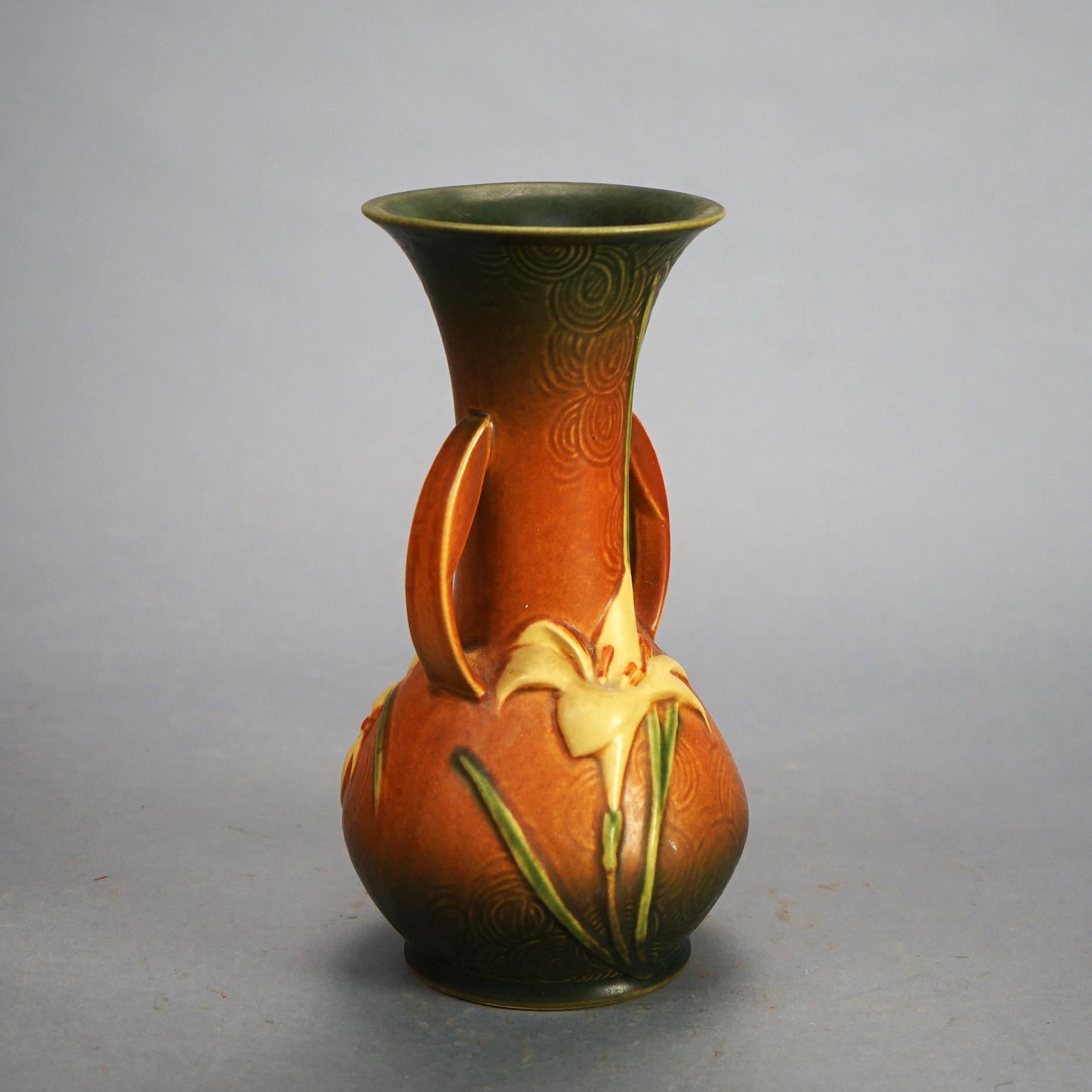 Two Brown Roseville Art Pottery Items with Zephyr Lily Pattern Mid 20th C 1