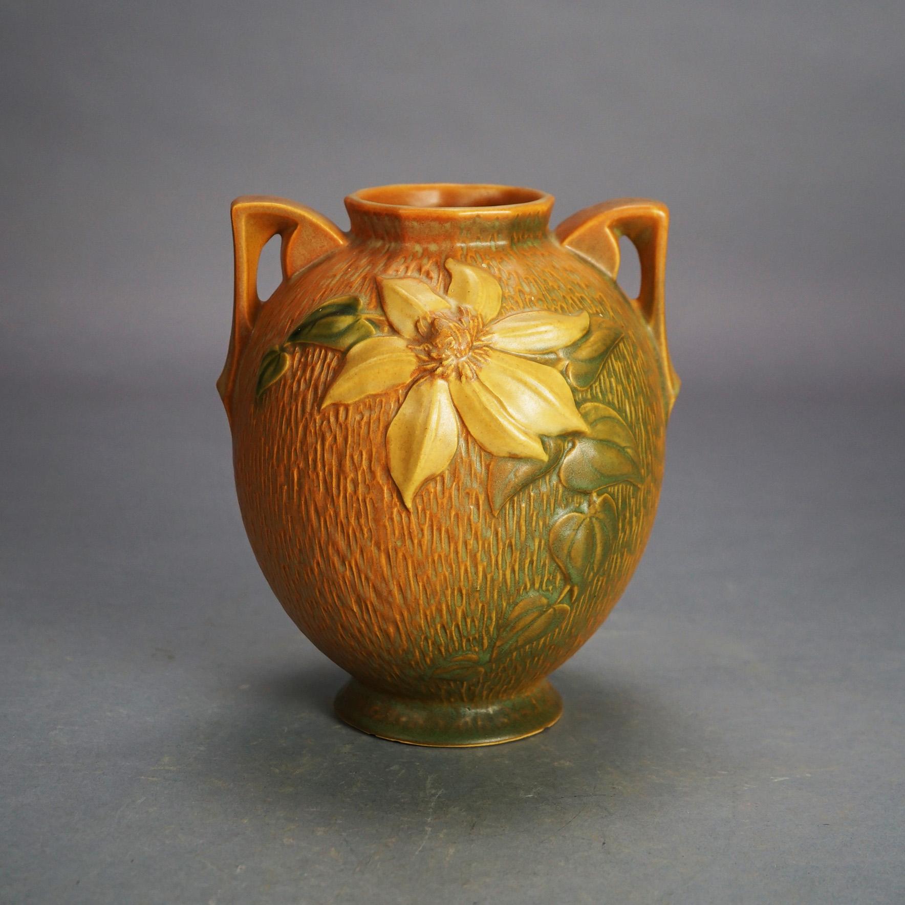 Arts and Crafts Two Brown Roseville Art Pottery Vases with Clematis Pattern Mid 20thC