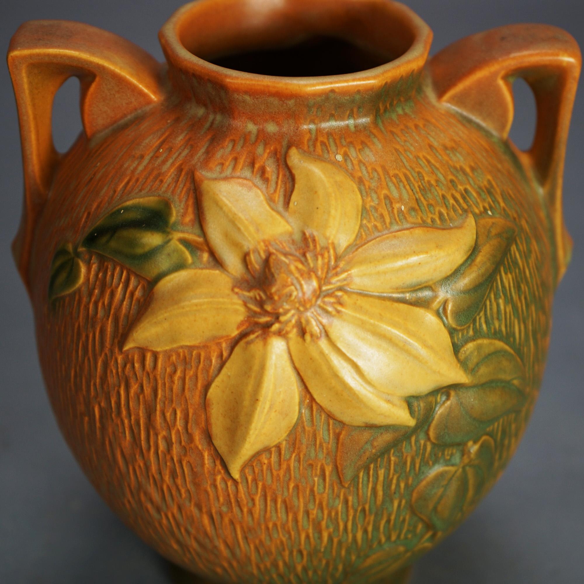 Two Brown Roseville Art Pottery Vases with Clematis Pattern Mid 20thC In Good Condition In Big Flats, NY