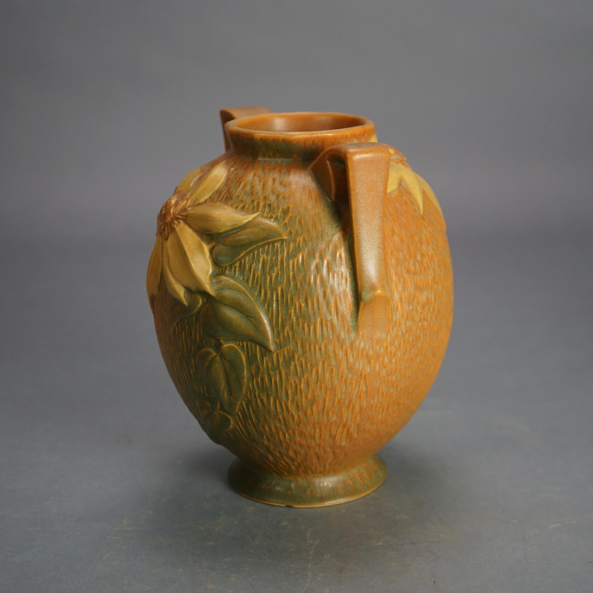 20th Century Two Brown Roseville Art Pottery Vases with Clematis Pattern Mid 20thC