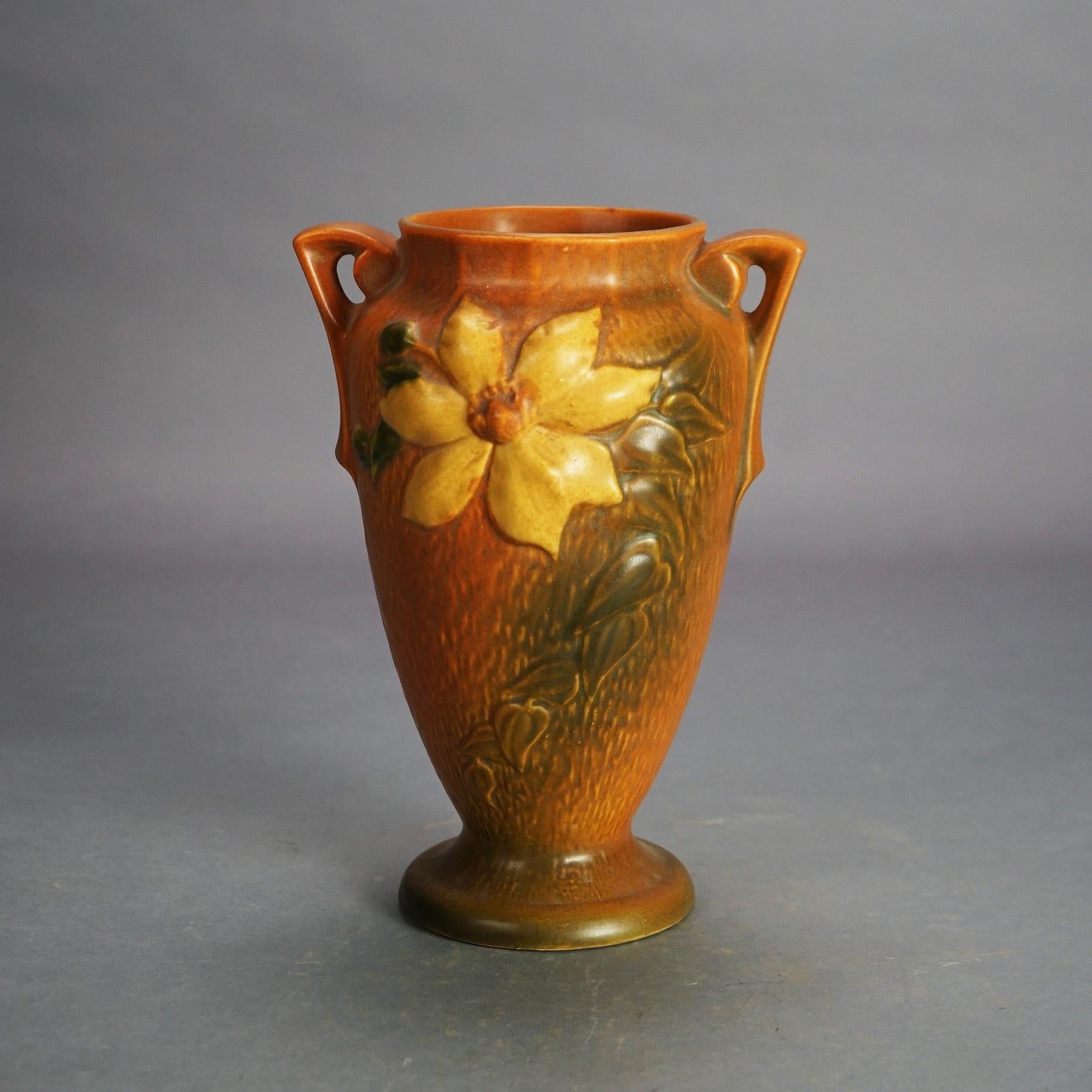 Two Brown Roseville Art Pottery Vases with Clematis Pattern Mid 20thC 1