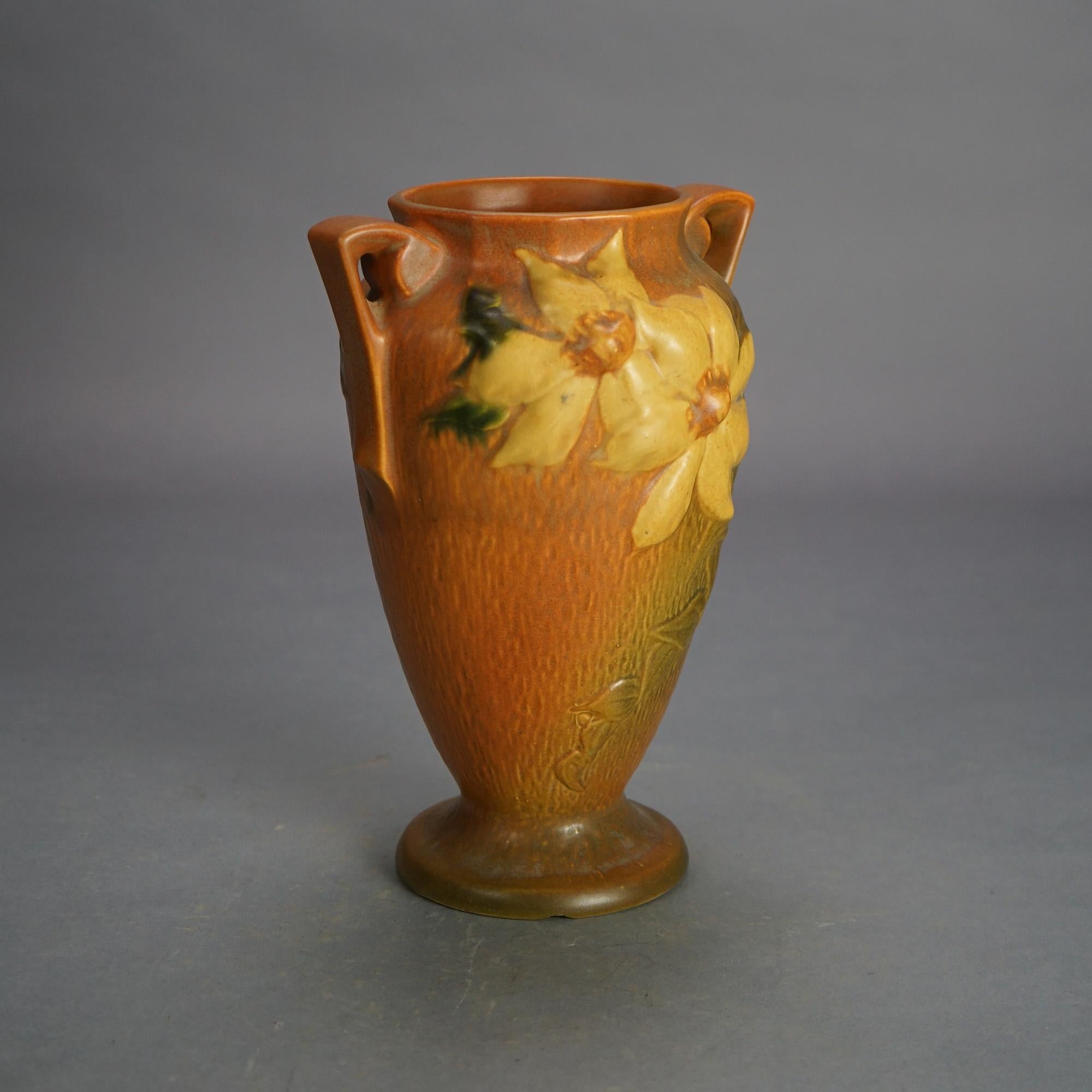 Two Brown Roseville Art Pottery Vases with Clematis Pattern Mid 20thC 2