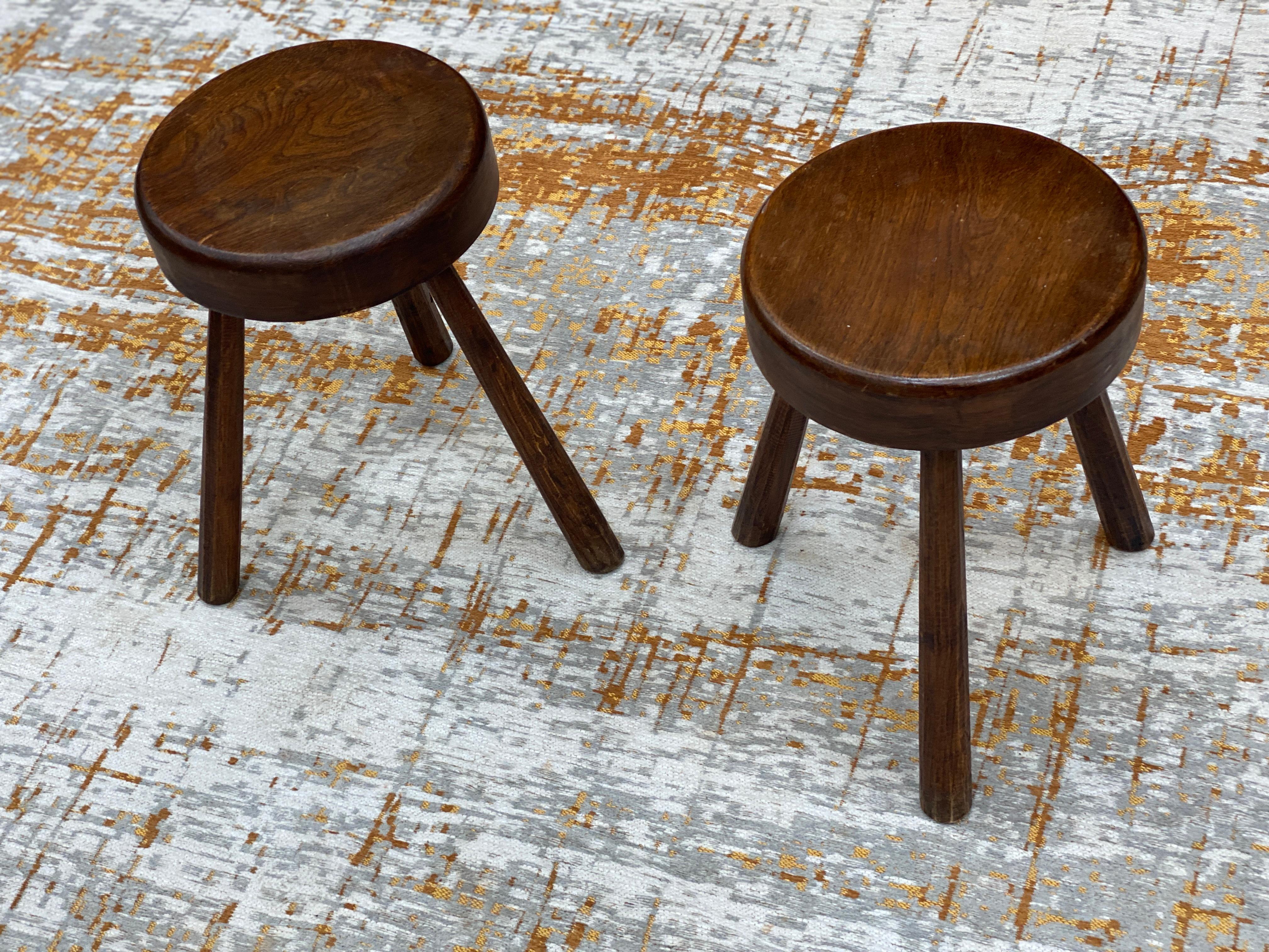 French Two Brutalist Oak Stools, circa 1950